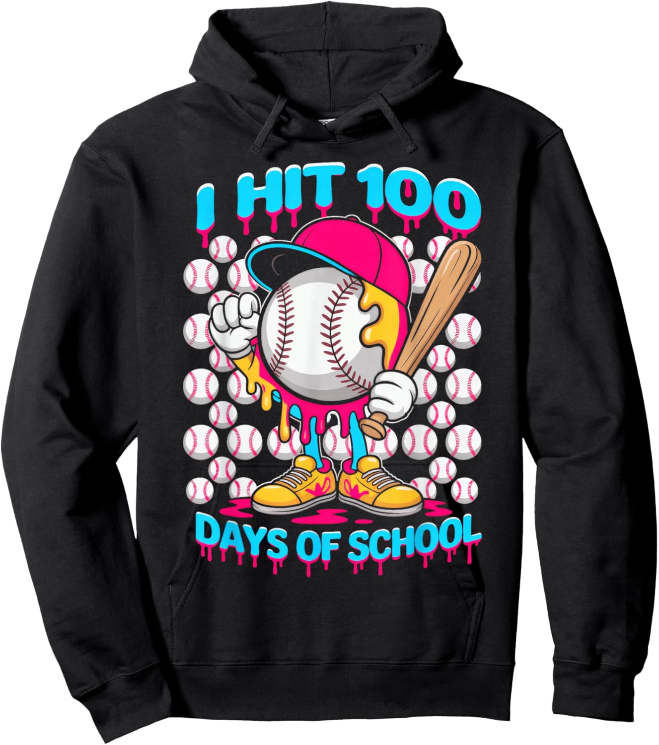 I hit 100 Days of School, Baseball Ice Cream Drip Hoodie - Hoodie | Black