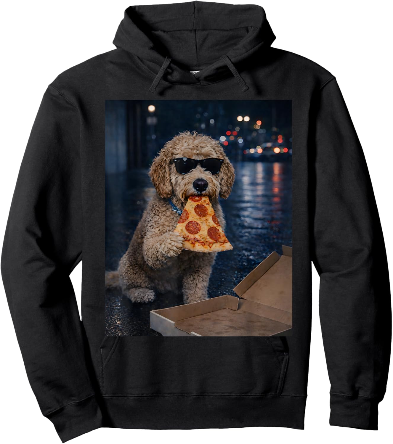 Funny Goldendoodle Dog Eating Pizza Meme Retro Hoodie - Hoodie | Black
