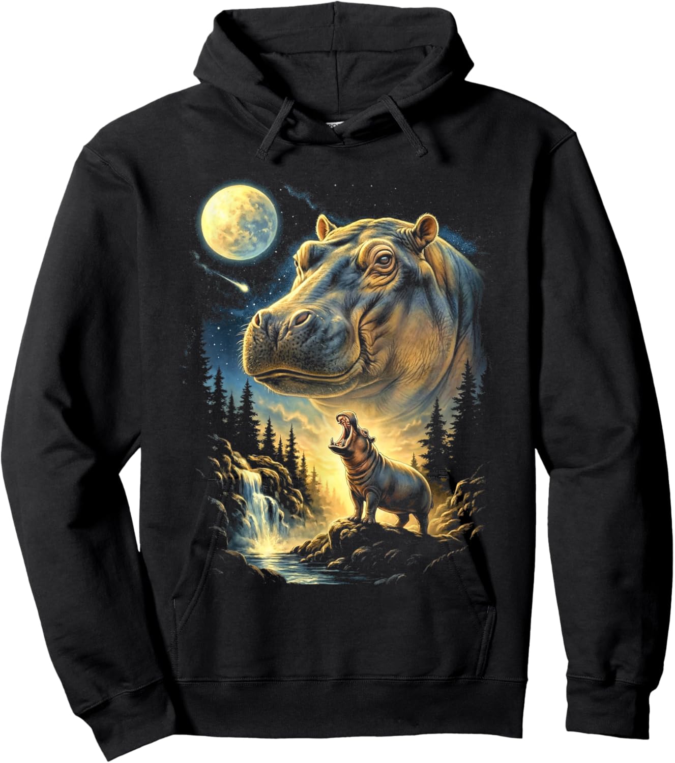 Hippo Howling to The Moon Meme Funny 90's Hippo Hippopotamus Hoodie - Hoodie | Black