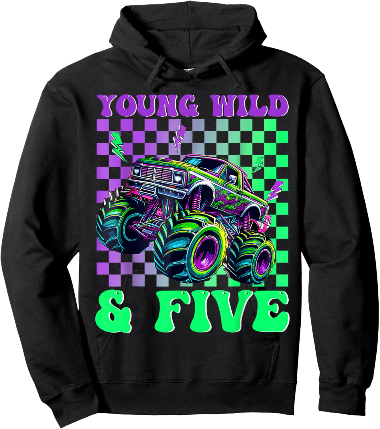 Kids 5th Birthday Boy Monster Truck Young Wild and Five Hoodie - Hoodie | Black