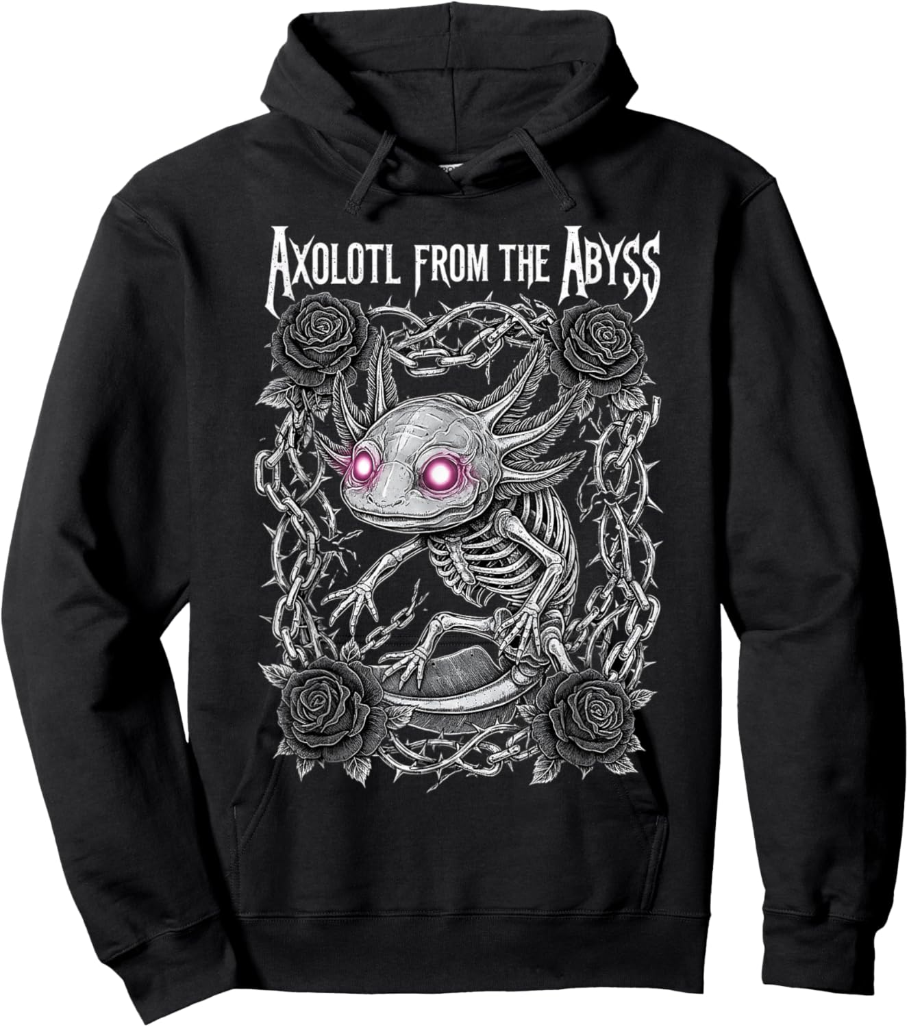 Skeleton Axolotl Gothic Heavy Metal Roses and Chains Hoodie - Hoodie | Black