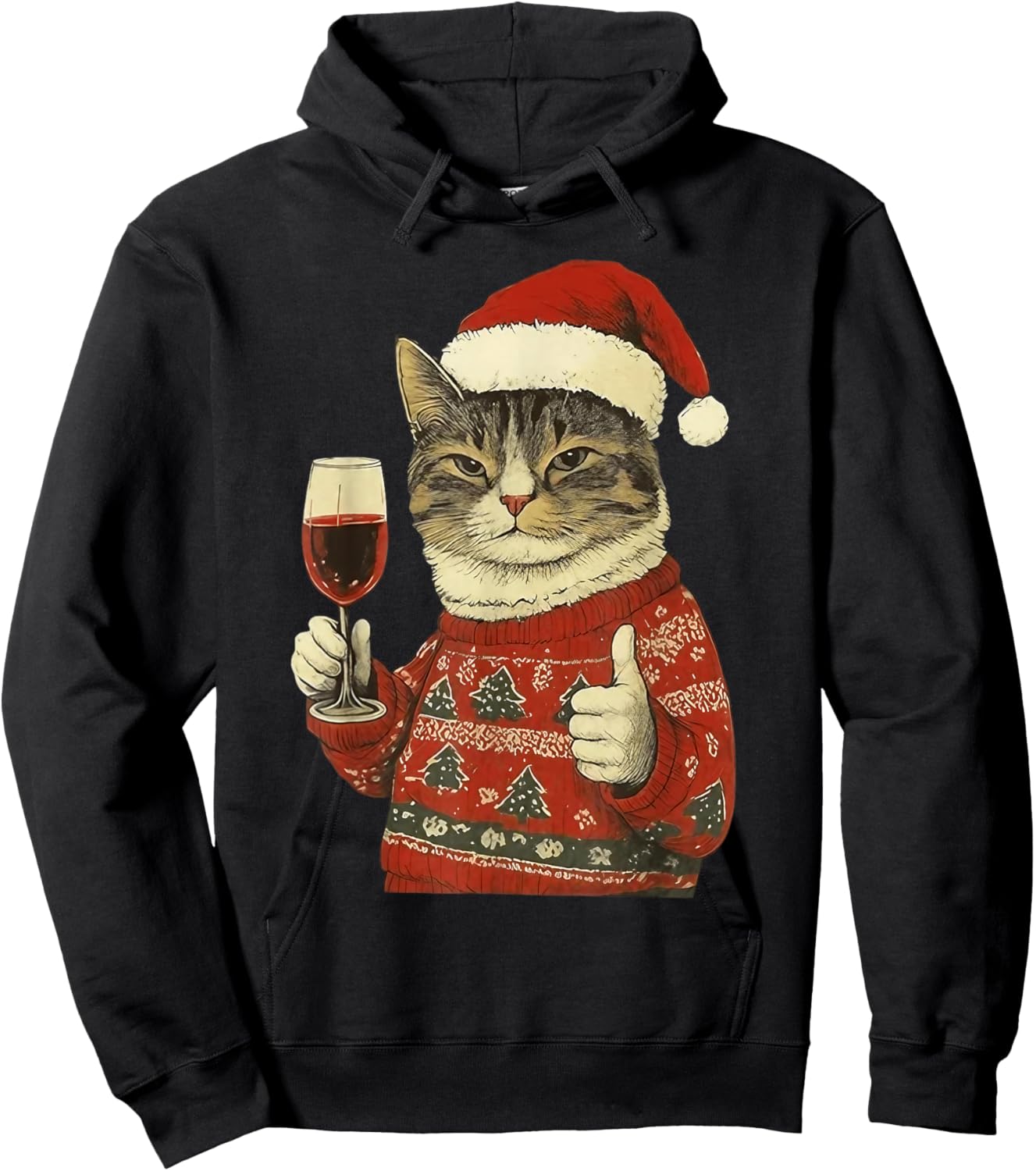 Christmas Cat Likes Cute Cat Drinking Wine with Santa Hat Hoodie - Hoodie | Black