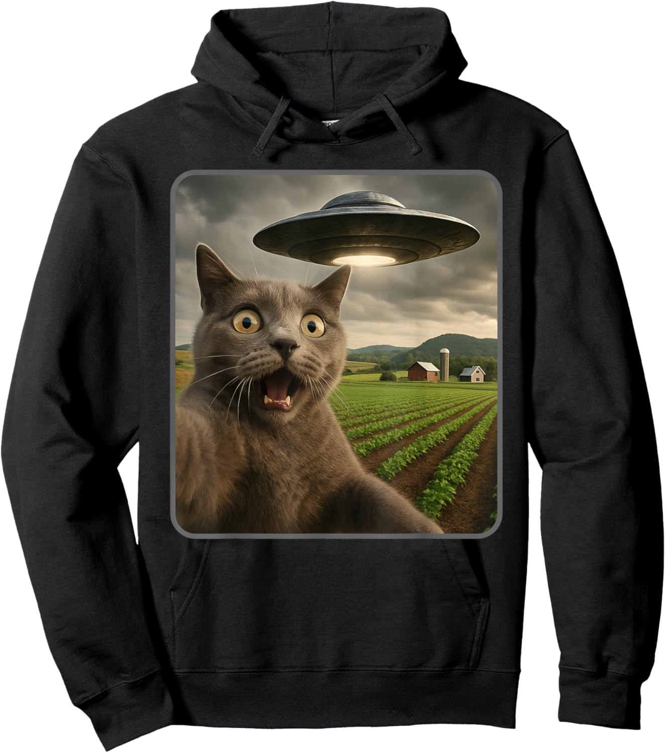 Funny Cat Selfie with UFO Alien Meme Hoodie - Hoodie | Black