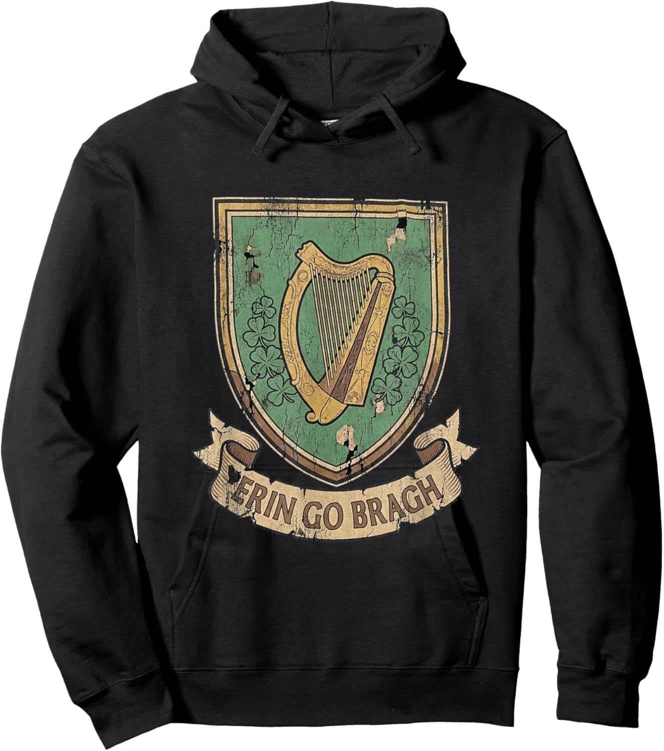 Erin Go Bragh Irish Crest Harp Shamrock Heritage Vintage Hoodie - Hoodie | Black