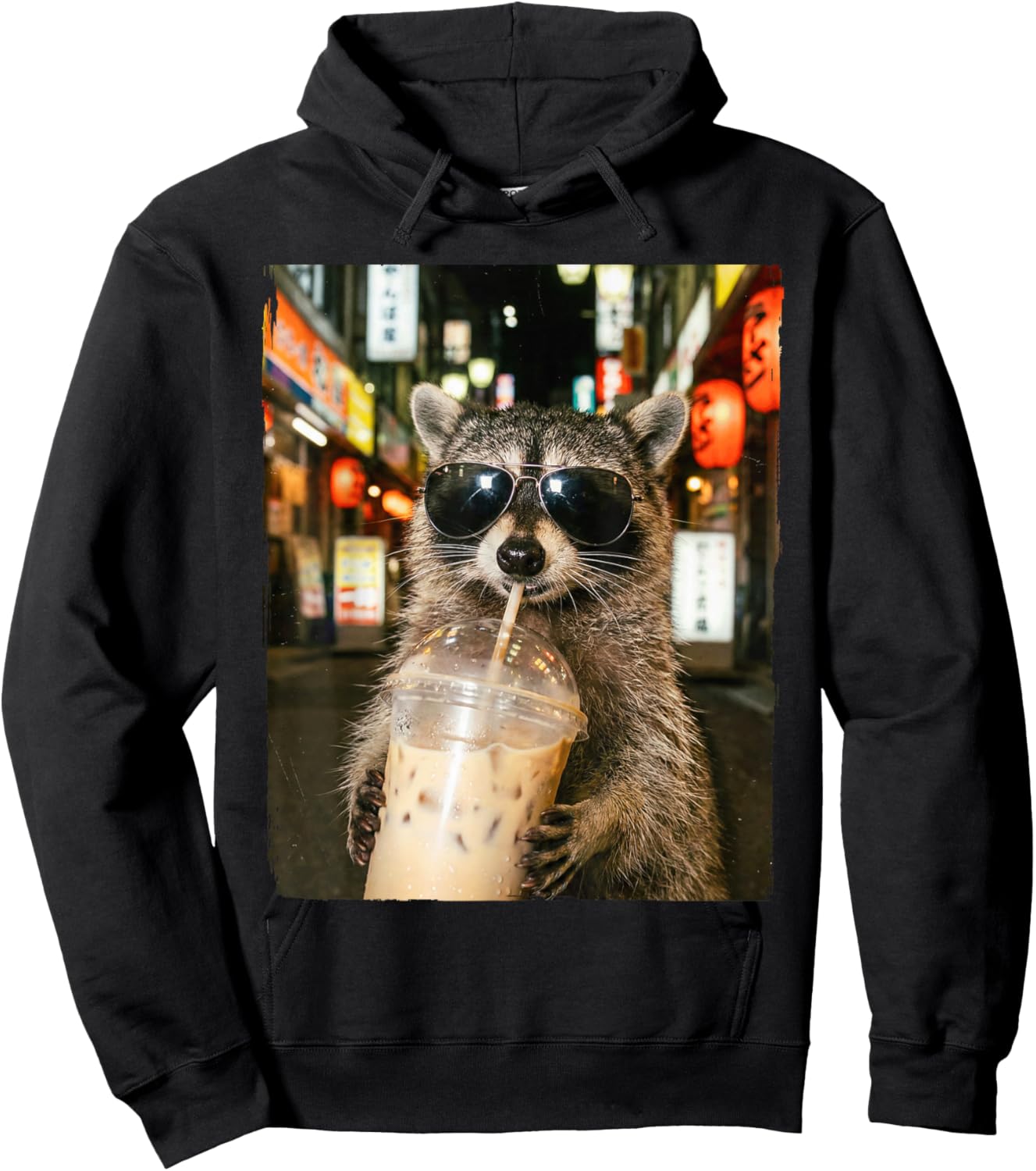 Funny Raccoon Drinking Ice Coffee Men Women Meme Hoodie - Hoodie | Black