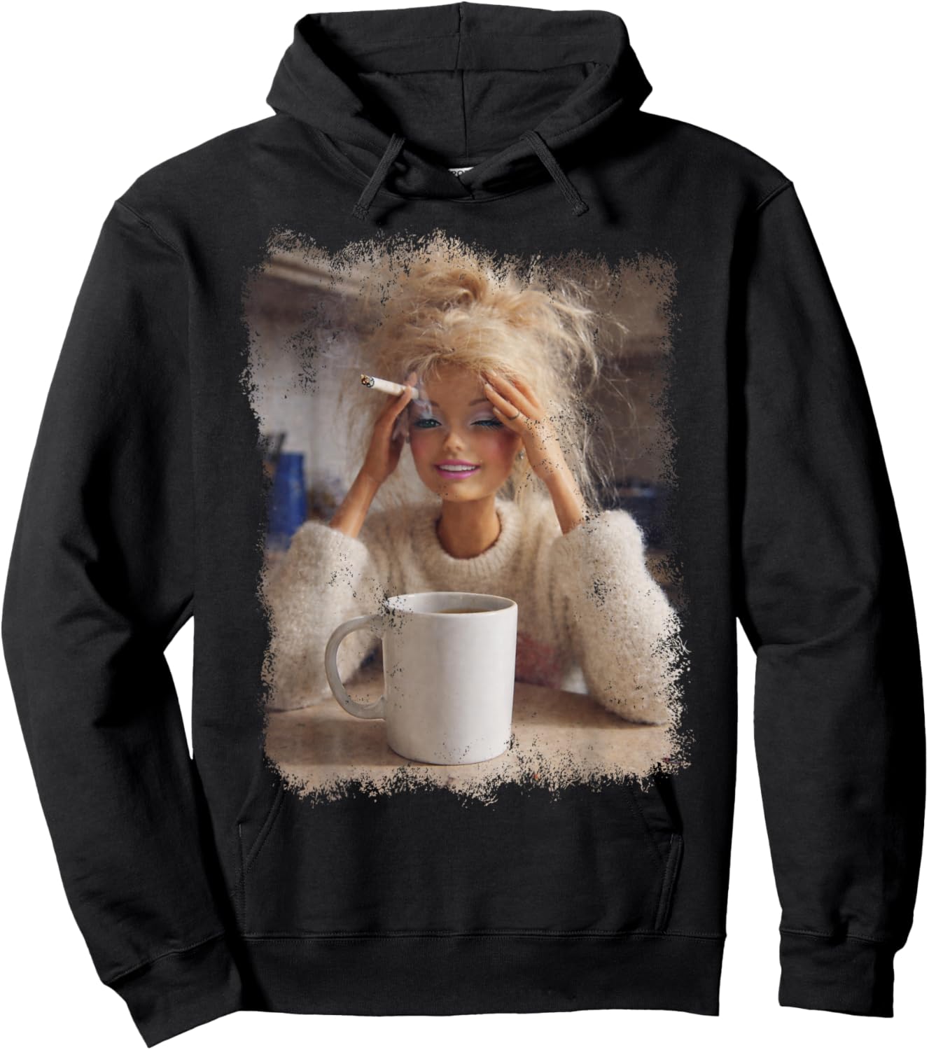 Funny Doll Face Meme Distressed Smoking Doll Meme Hilarious Hoodie - Hoodie | Black