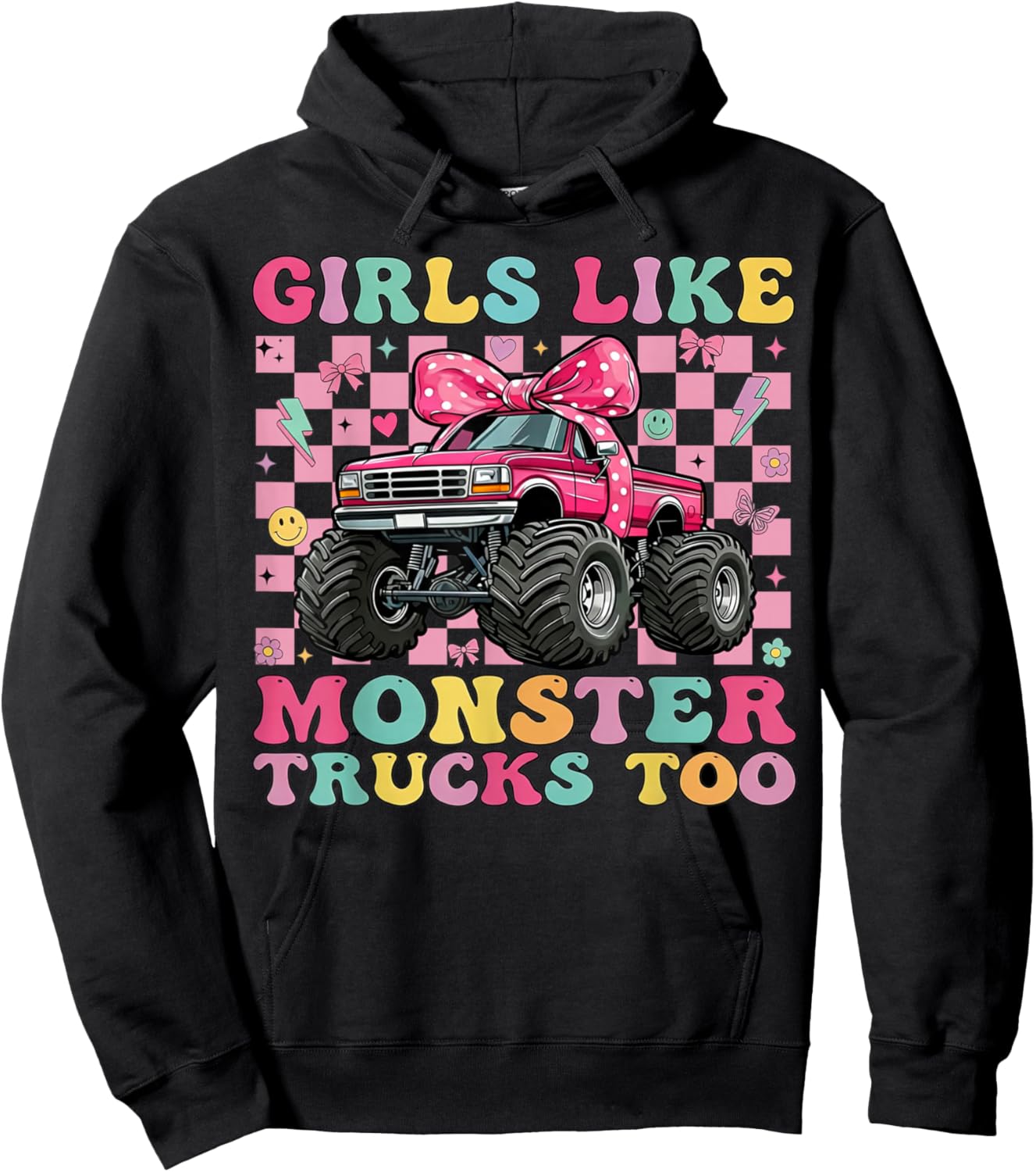Girls Like Monster Trucks Too Pink Bow Truck for Girls Hoodie - Hoodie | Black