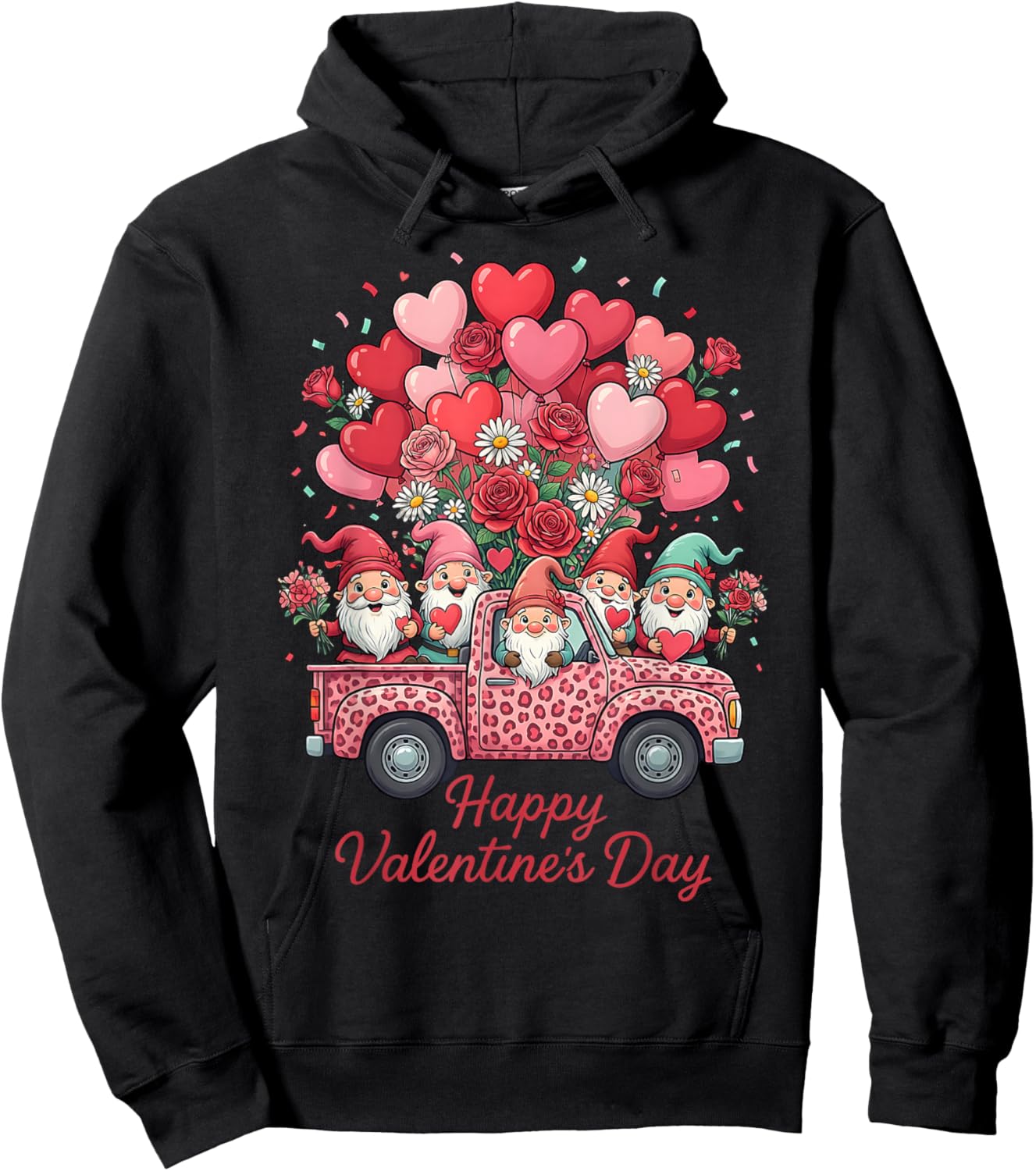 Three Gnomes and Leopard Truck Happy Valentine's Day Hoodie - Hoodie | Black