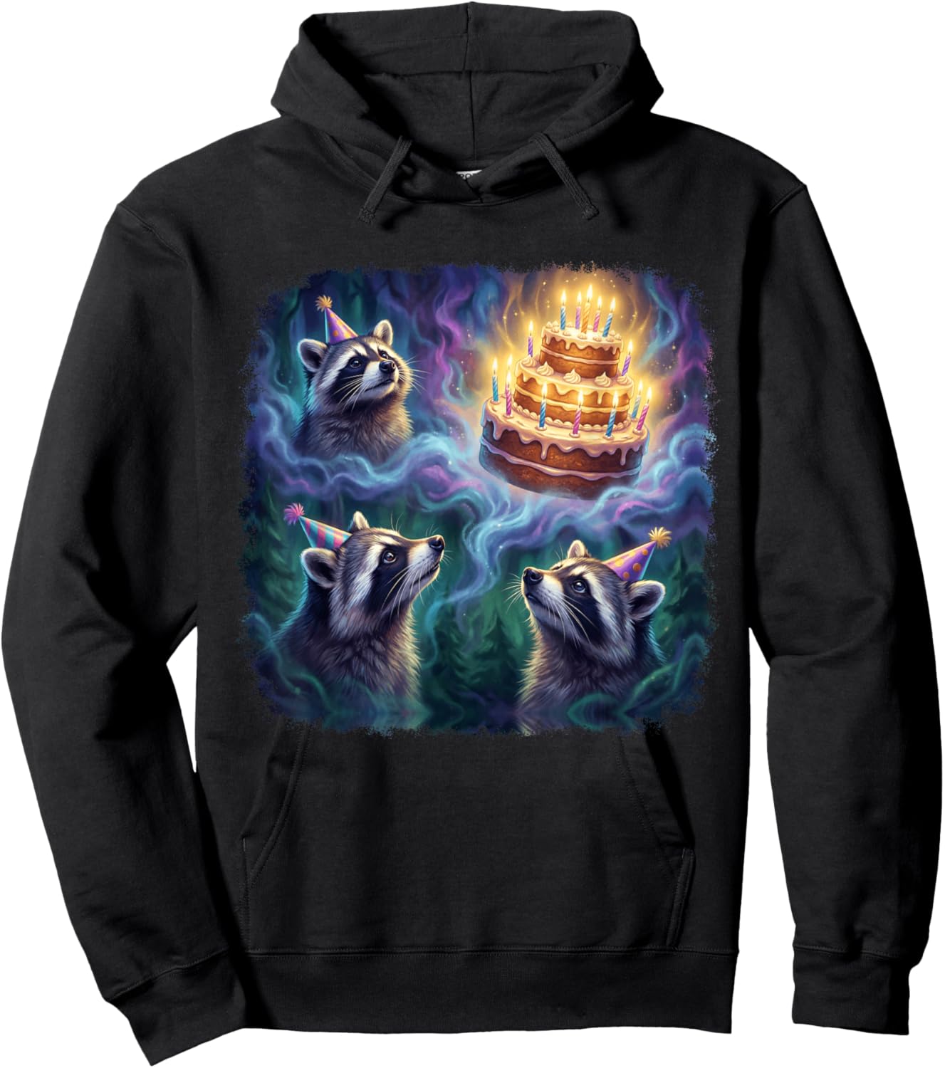 Funny Three Raccoons Birthday Party Cake Retro Hoodie - Hoodie | Black