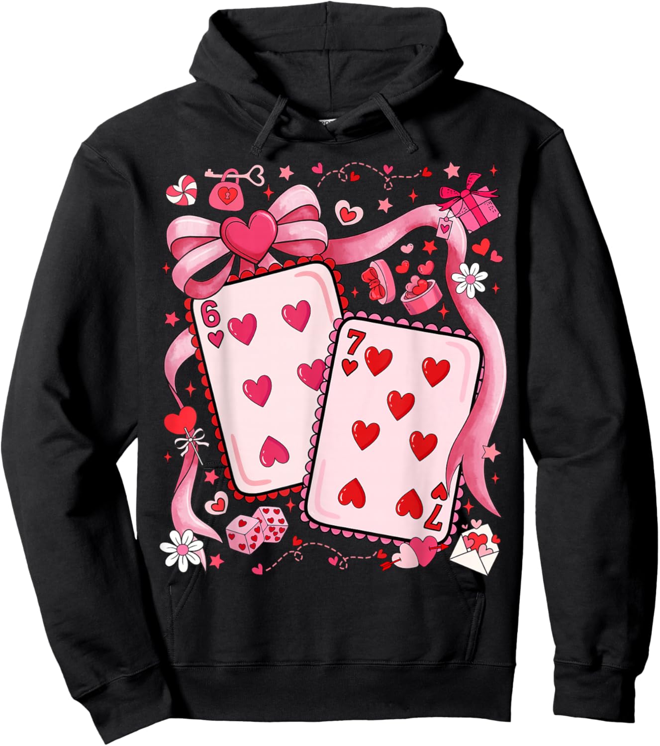 Playing Cards Valentine 67 Coquette Bow Couple Matching Girl Hoodie - Hoodie | Black