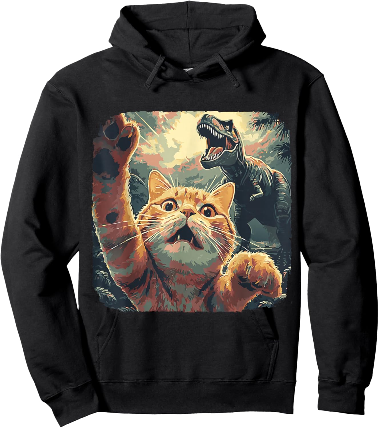 Funny Cat Selfie with T-Rex Dinosaur Cartoon Meme Hoodie - Hoodie | Black