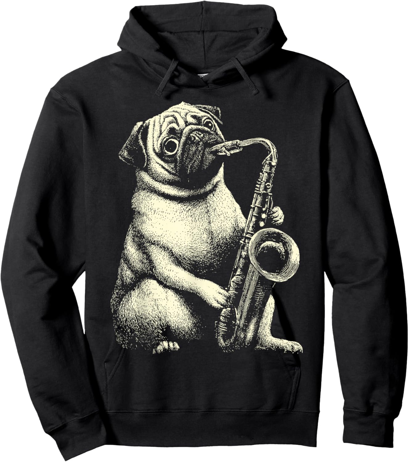 Cute Pug Playing Saxophone Player Funny Jazz Musician Dog Hoodie - Hoodie | Black