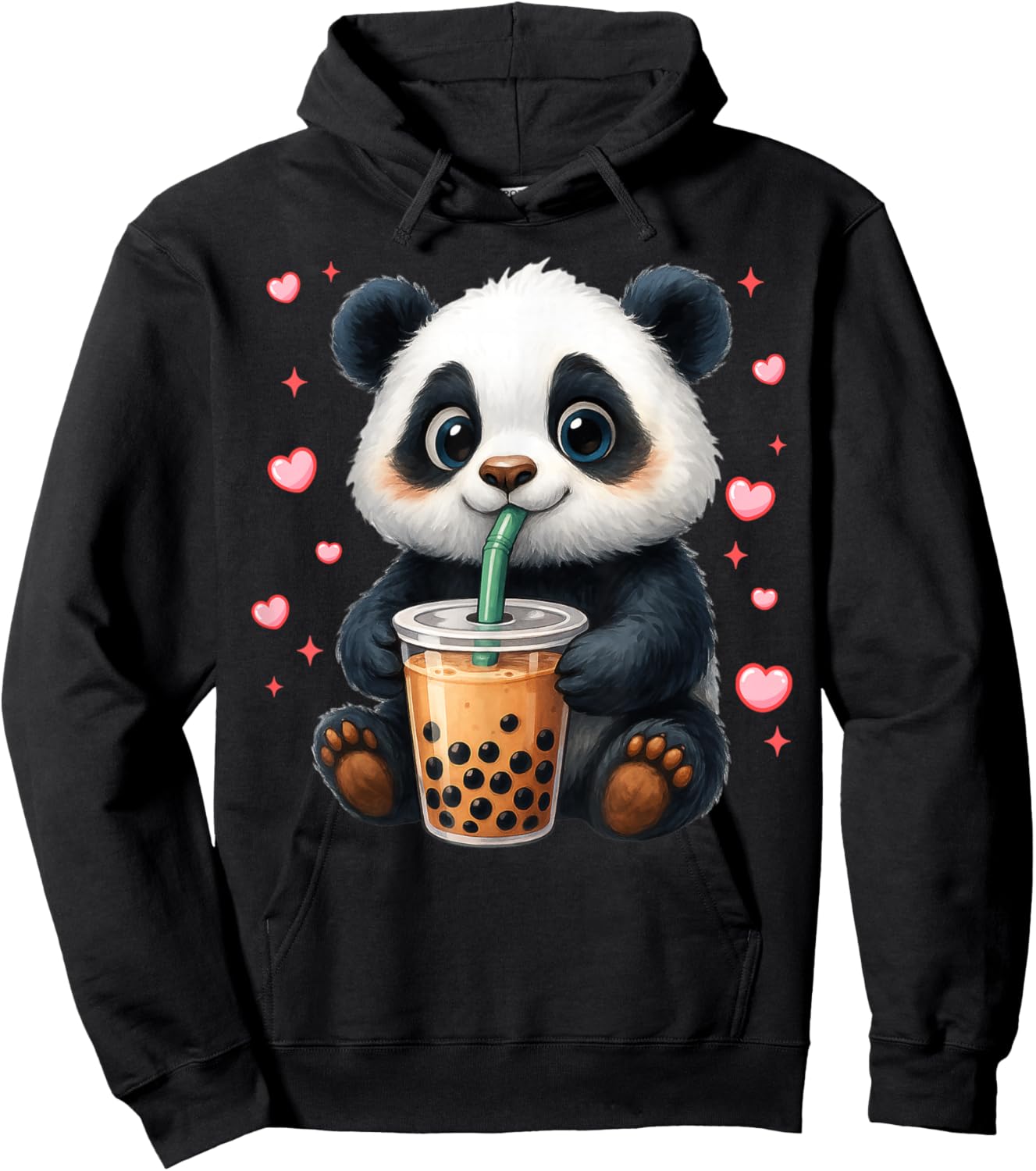 Cute Funny Panda Drink Boba Tea Heart Girl Boy Kid Toddler Hoodie - Hoodie | Black