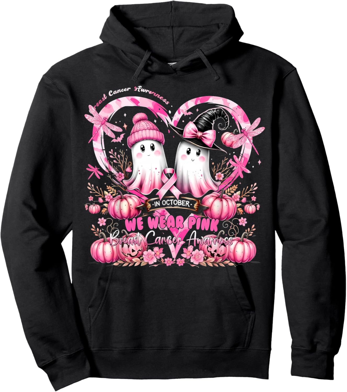 in October We Wear Pink Breast Cancer Heart Dragonflies Hoodie - Hoodie | Black