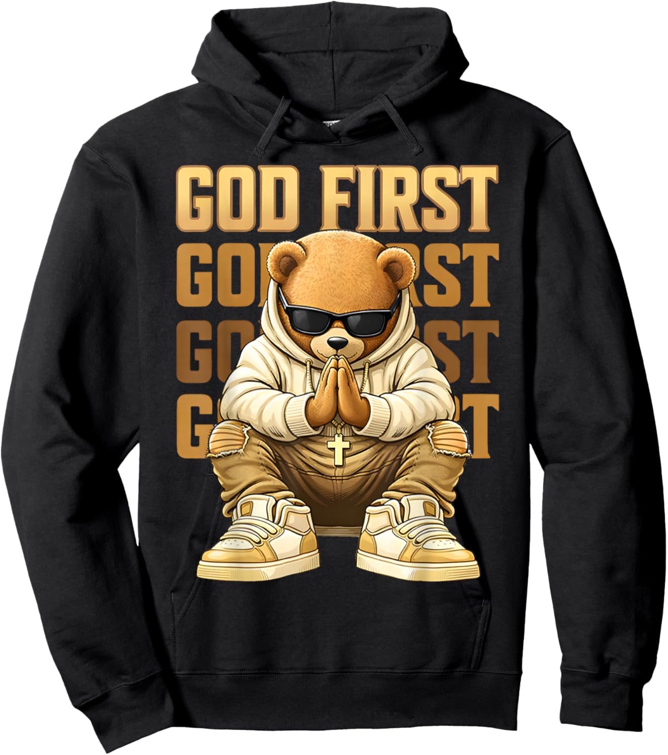 God First Hip Hop Teddy Bear Christian Streetwear Boys Teens Hoodie - Hoodie | Black