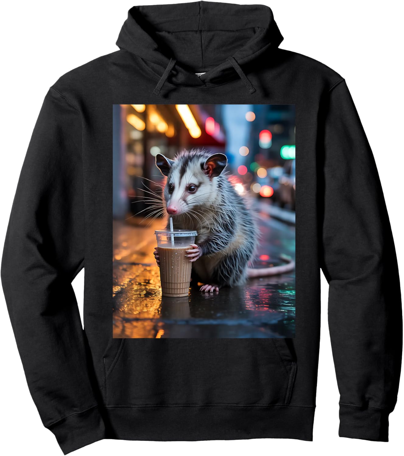 Night Shift Opossum with Iced Coffee Urban Mood Hoodie - Hoodie | Black