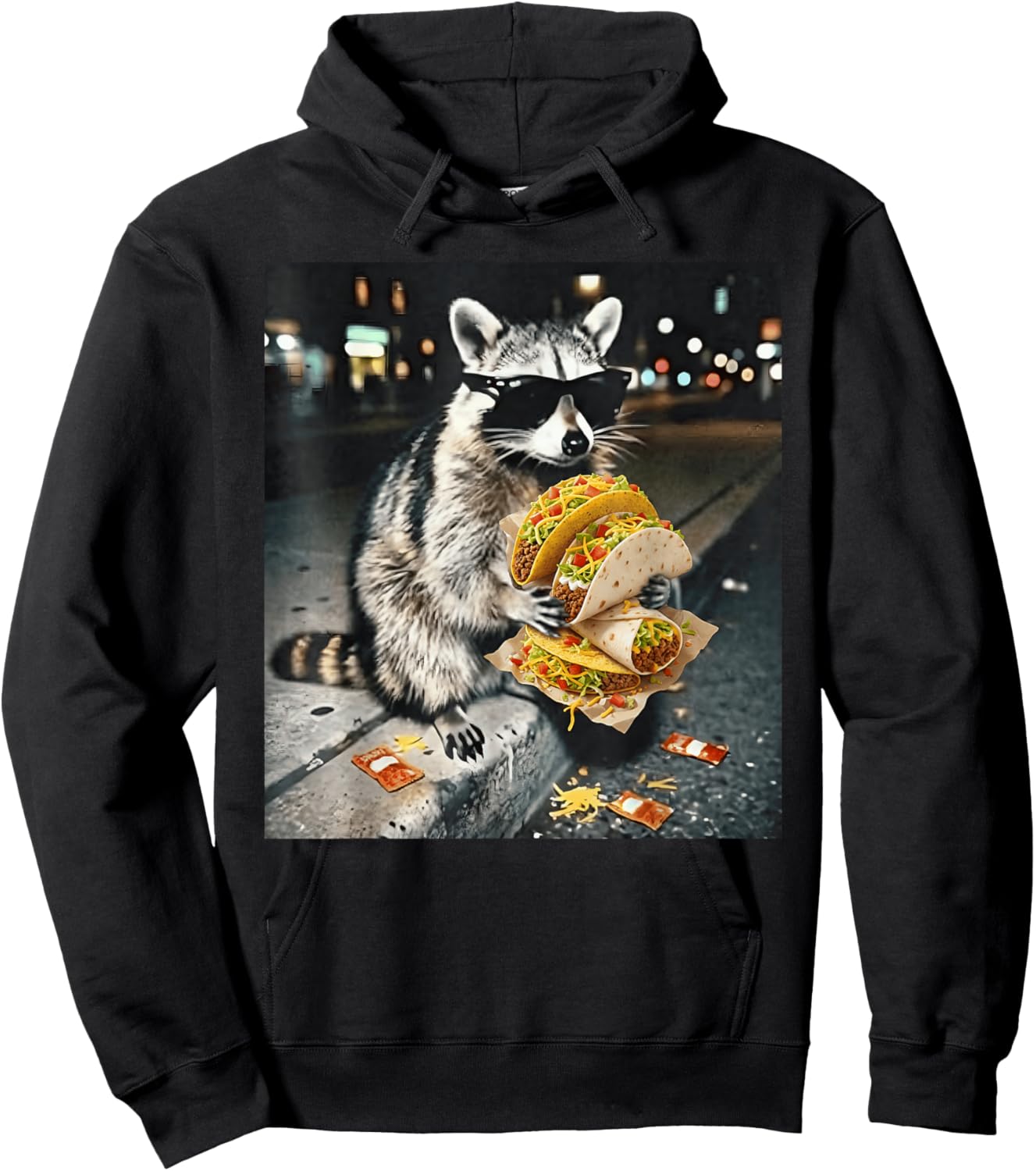 Cool Raccoon in Sunglasses Eating Tacos Street Food Animal Hoodie - Hoodie | Black