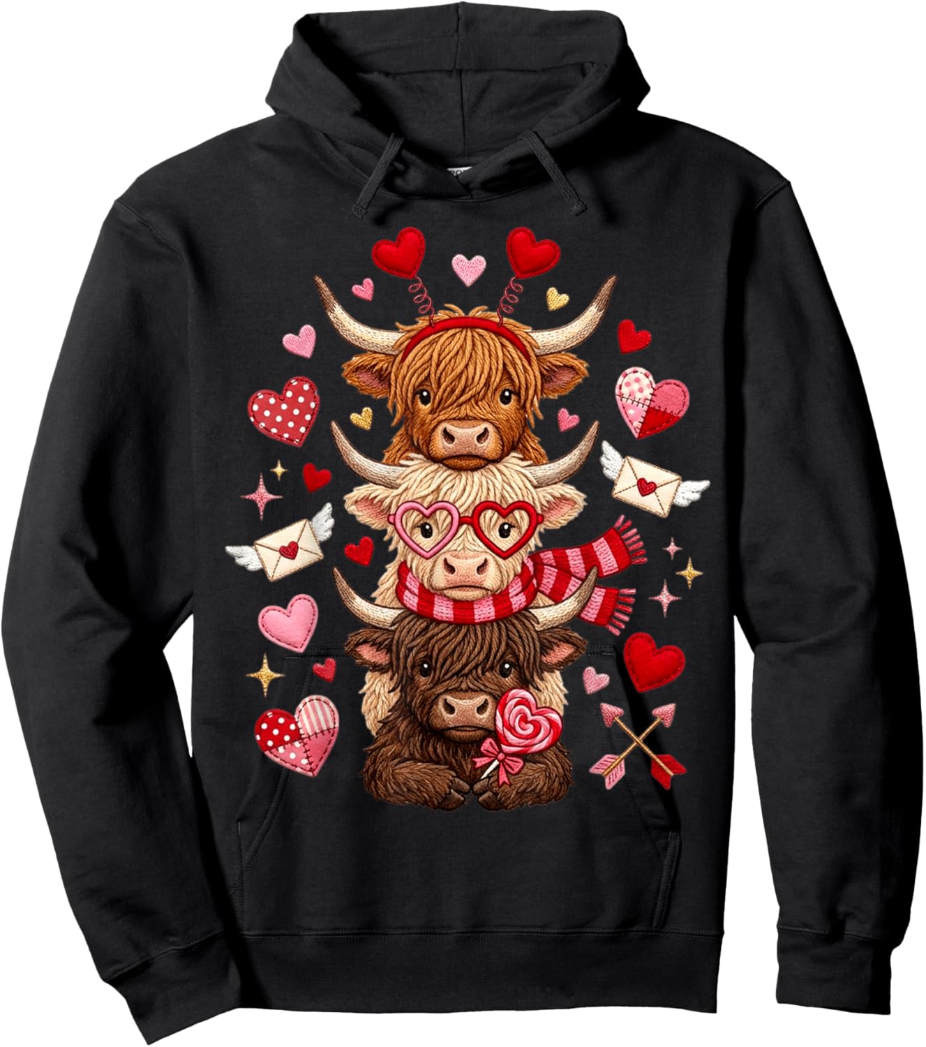 Scottish Cute Western Valentine Highland Cows with Hearts Hoodie - Hoodie | Black