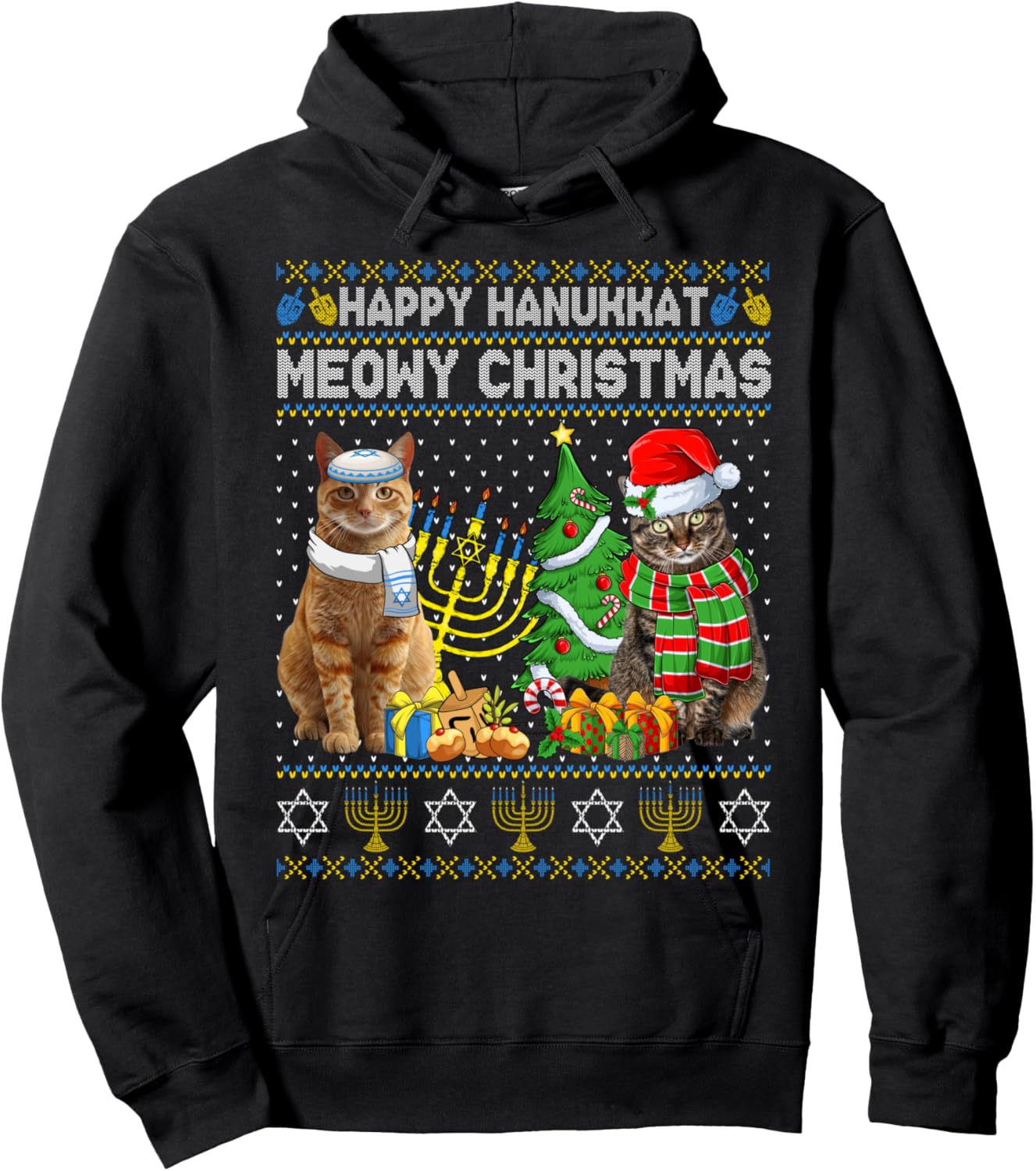Happy Hanukkat Meowy Christmas Pajamas Ugly Sweater Cats Hoodie - Hoodie | Black