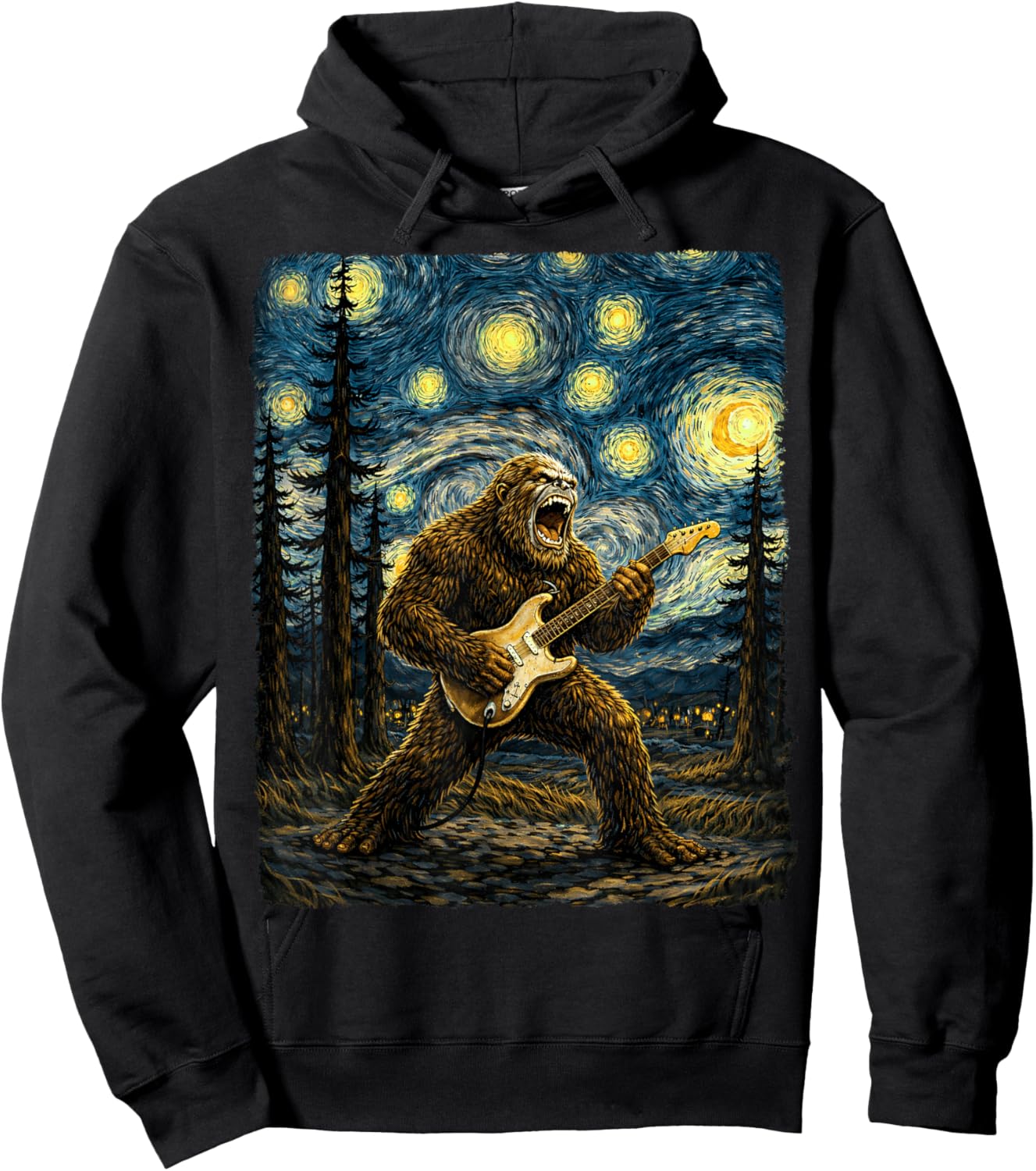 Bigfoot Playing Guitar in Starry Night Van Gogh Graphic Hoodie - Hoodie | Black