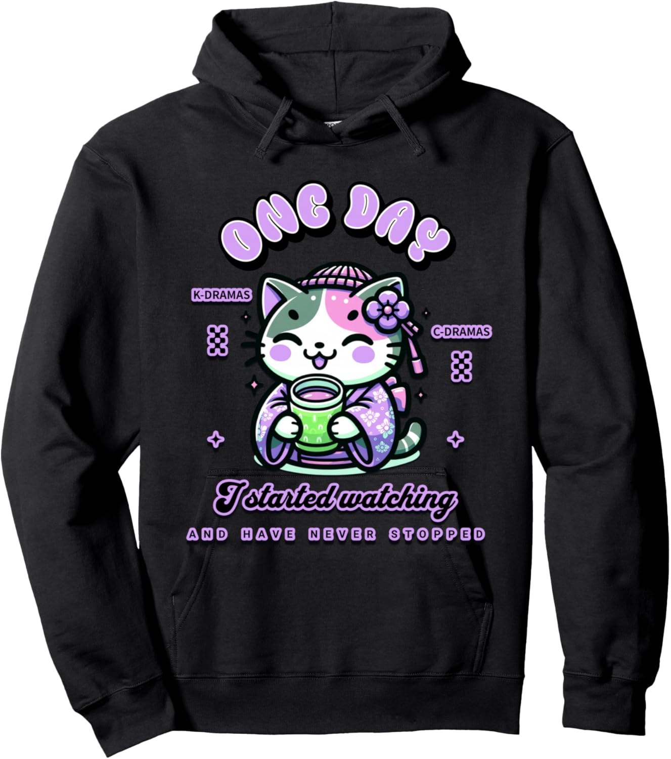 Cute Cat Watching K-Dramas and C-Dramas Hoodie - Hoodie | Black