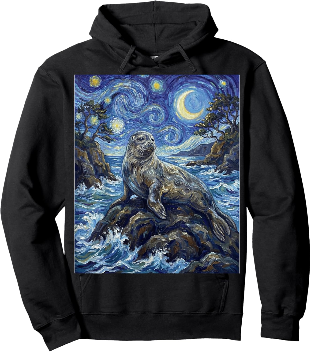 Seal Starry Night Art Painting Style Seal Sea Lion Hoodie - Hoodie | Black