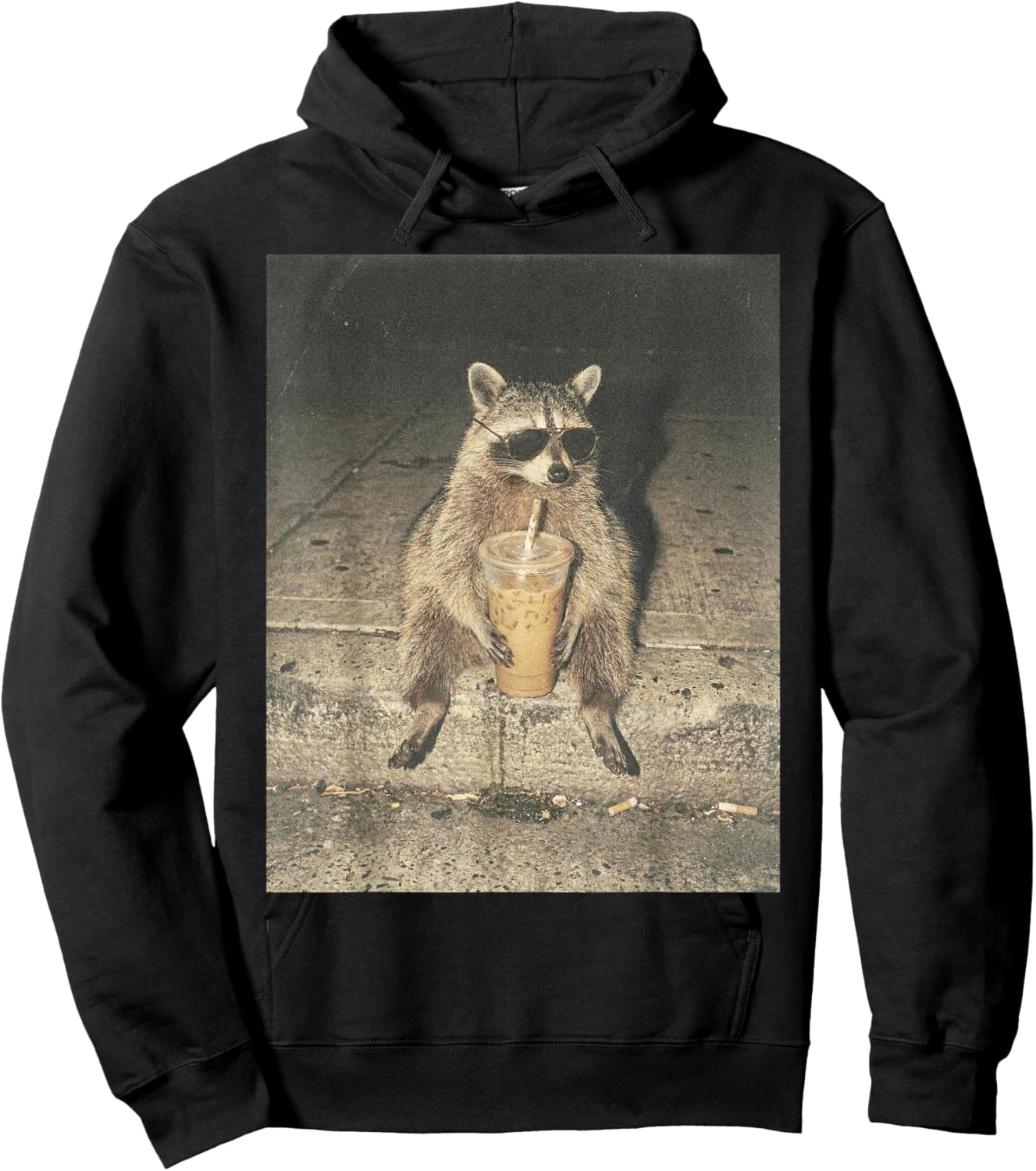 Funny Raccoon Drinking Iced Coffee Unhinged Meme Graphic Hoodie - Hoodie | Black