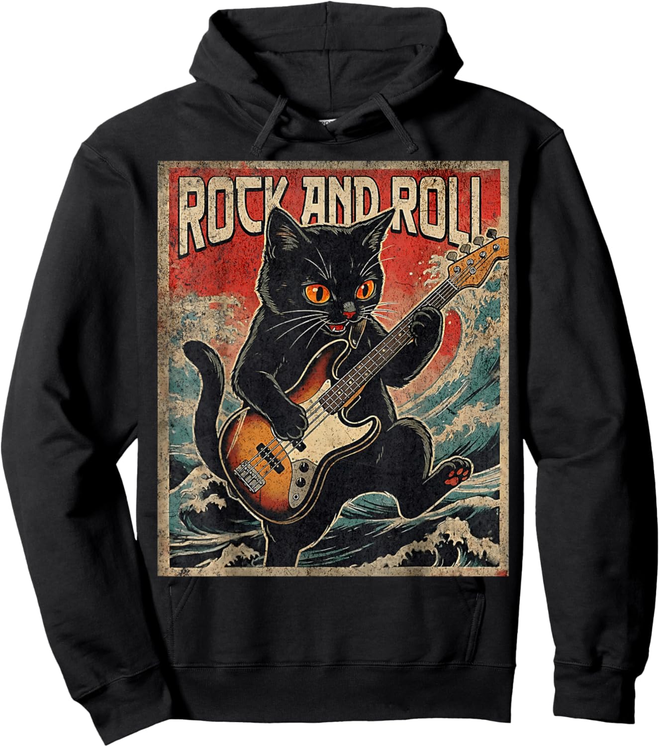 Cat Playing Bass Guitar Rock On Vintage Rock Guitarist Cat Hoodie - Hoodie | Black
