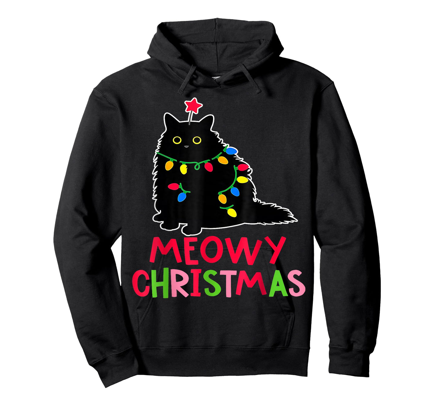 Meowy Christmas Xmas Lights Black Cat Pajamas Family Funny T-Shirt