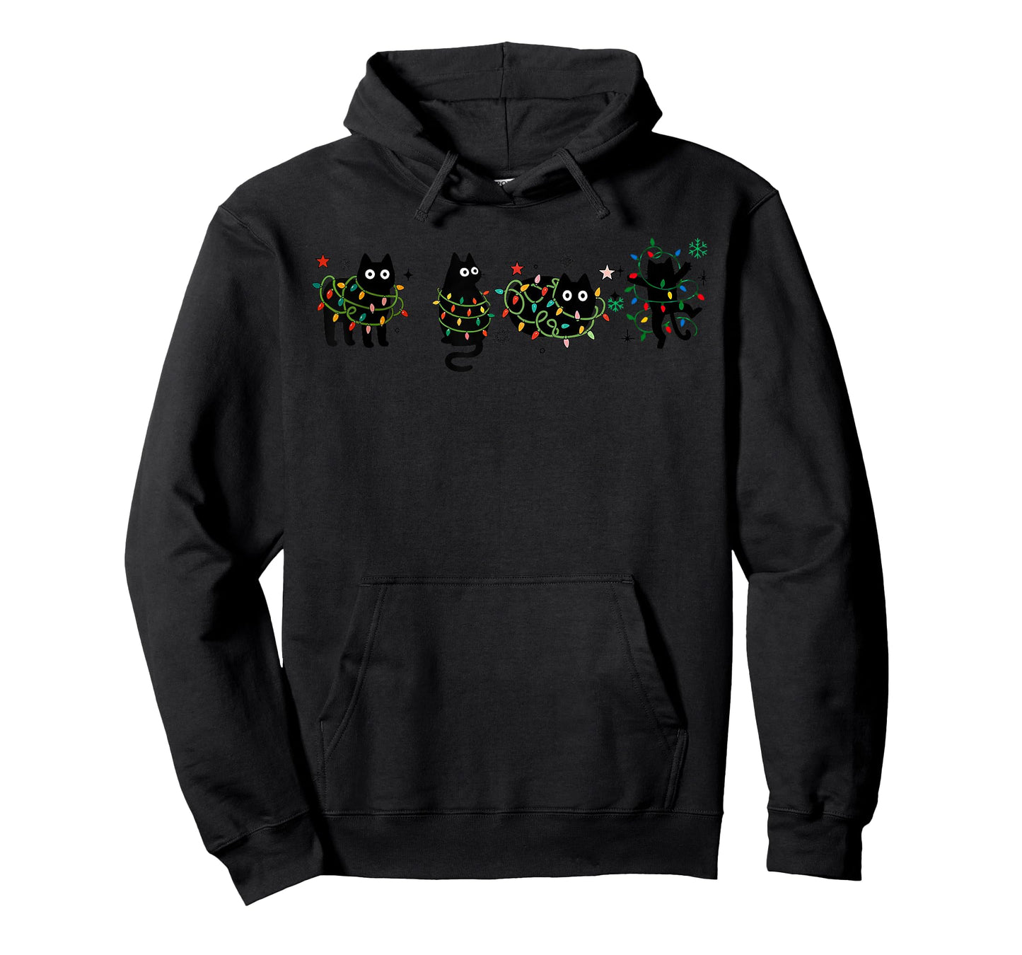 Meowy Christmas Xmas Lights Black Cat Pajamas Family Funny T-Shirt