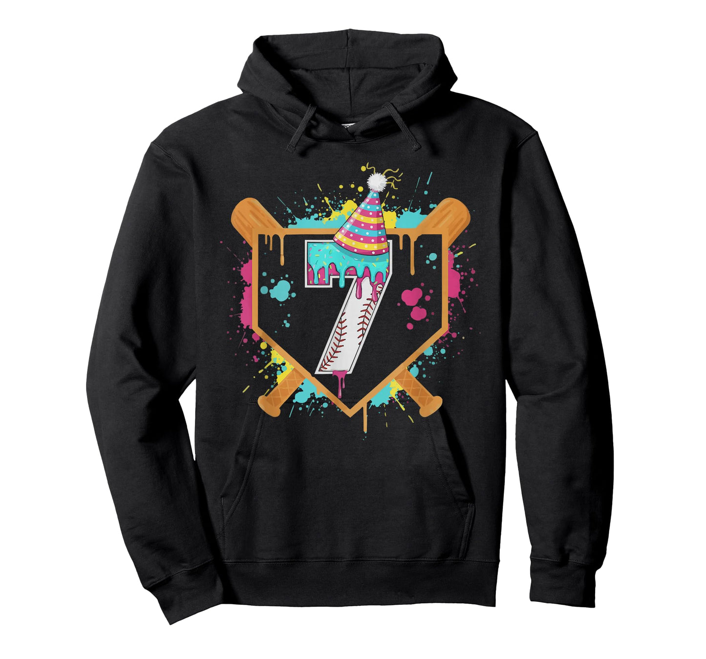 7th Birthday Baseball Ice Cream Drip 7 Year Old Birthday Boy T-Shirt