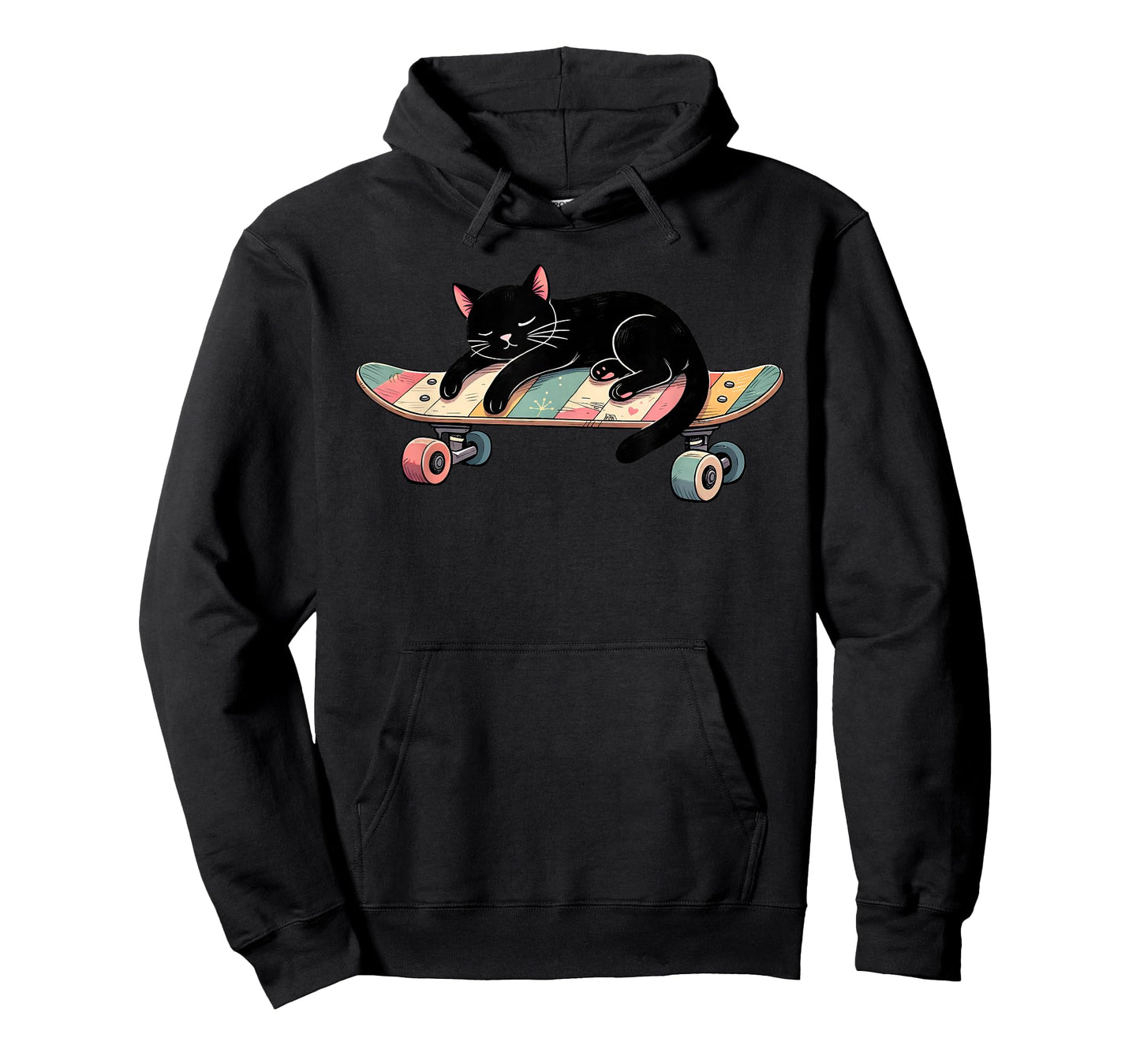 Funny Black Cat Sleeping On A Skateboard Skateboarding T-Shirt