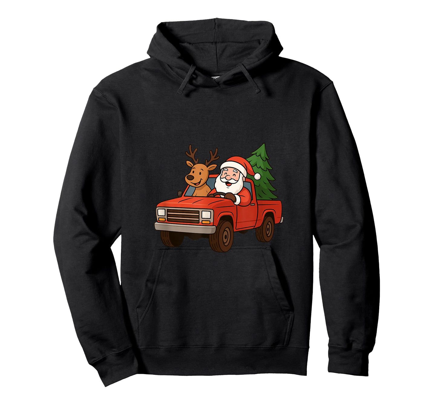 Red Christmas Truck Santa Claus and Reindeer Cartoon T-Shirt