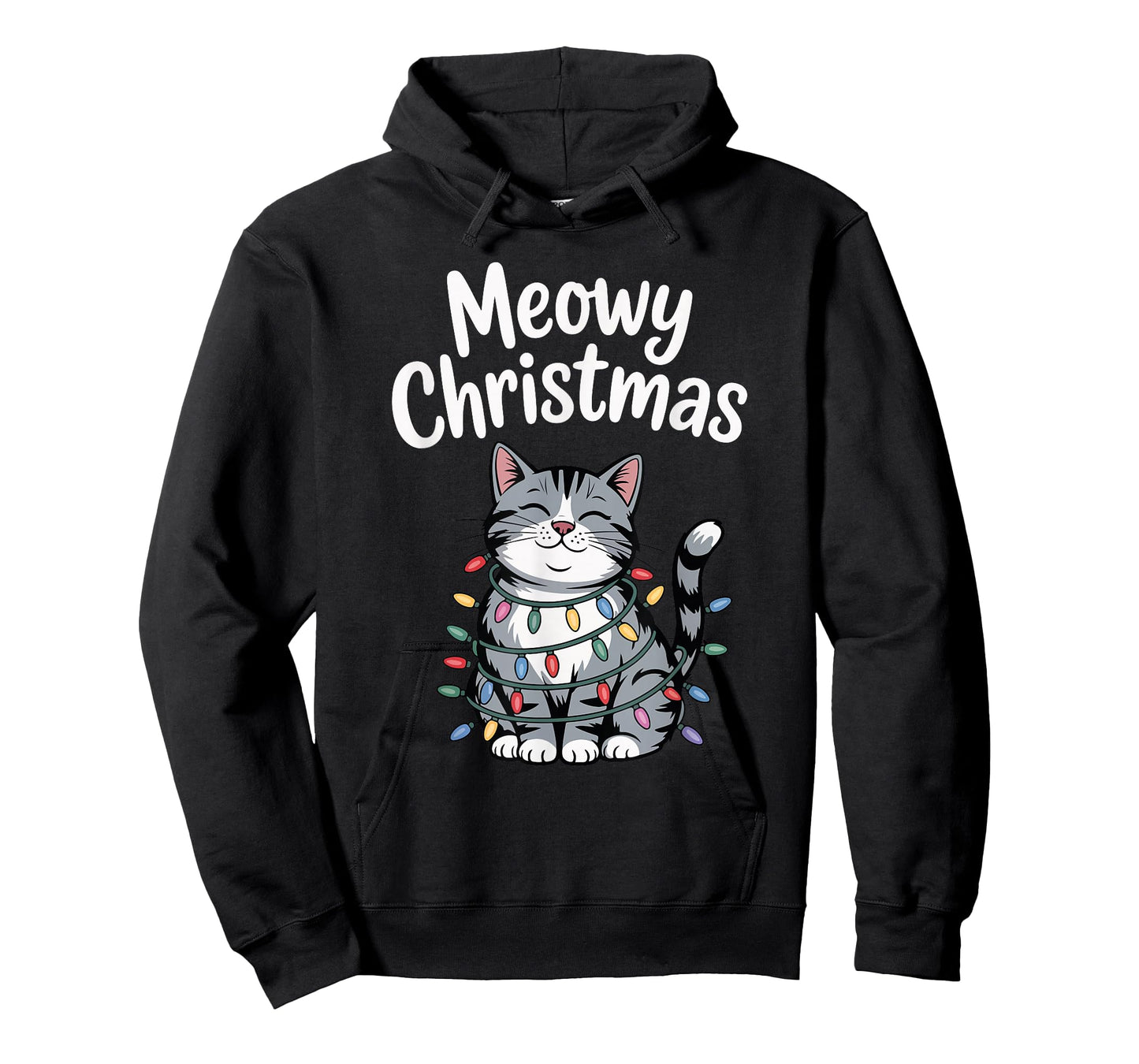 Meowy Christmas Cute Gray Tabby Cat Holiday Lights T-Shirt