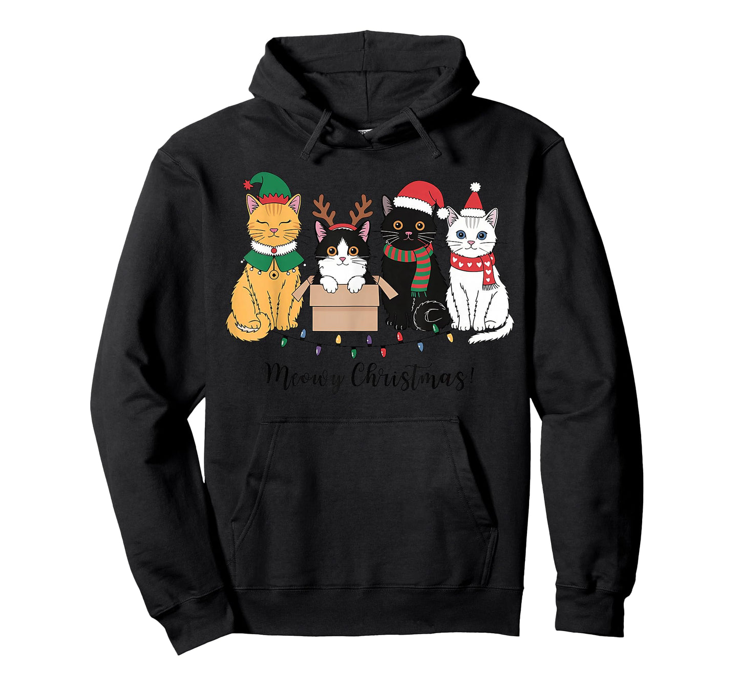 Meowy Christmas Xmas Lights Black Cat Pajamas Family Funny T-Shirt