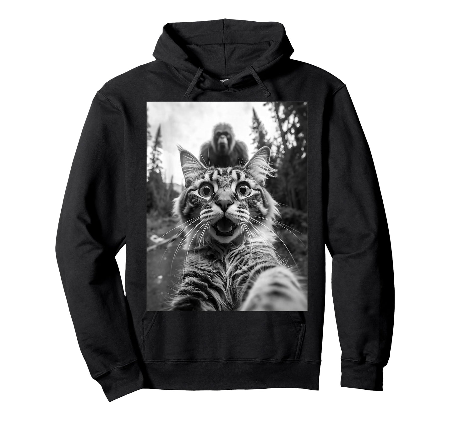 Funny Shocked Cat Selfie with Bigfoot Sasquatch Forest T-Shirt