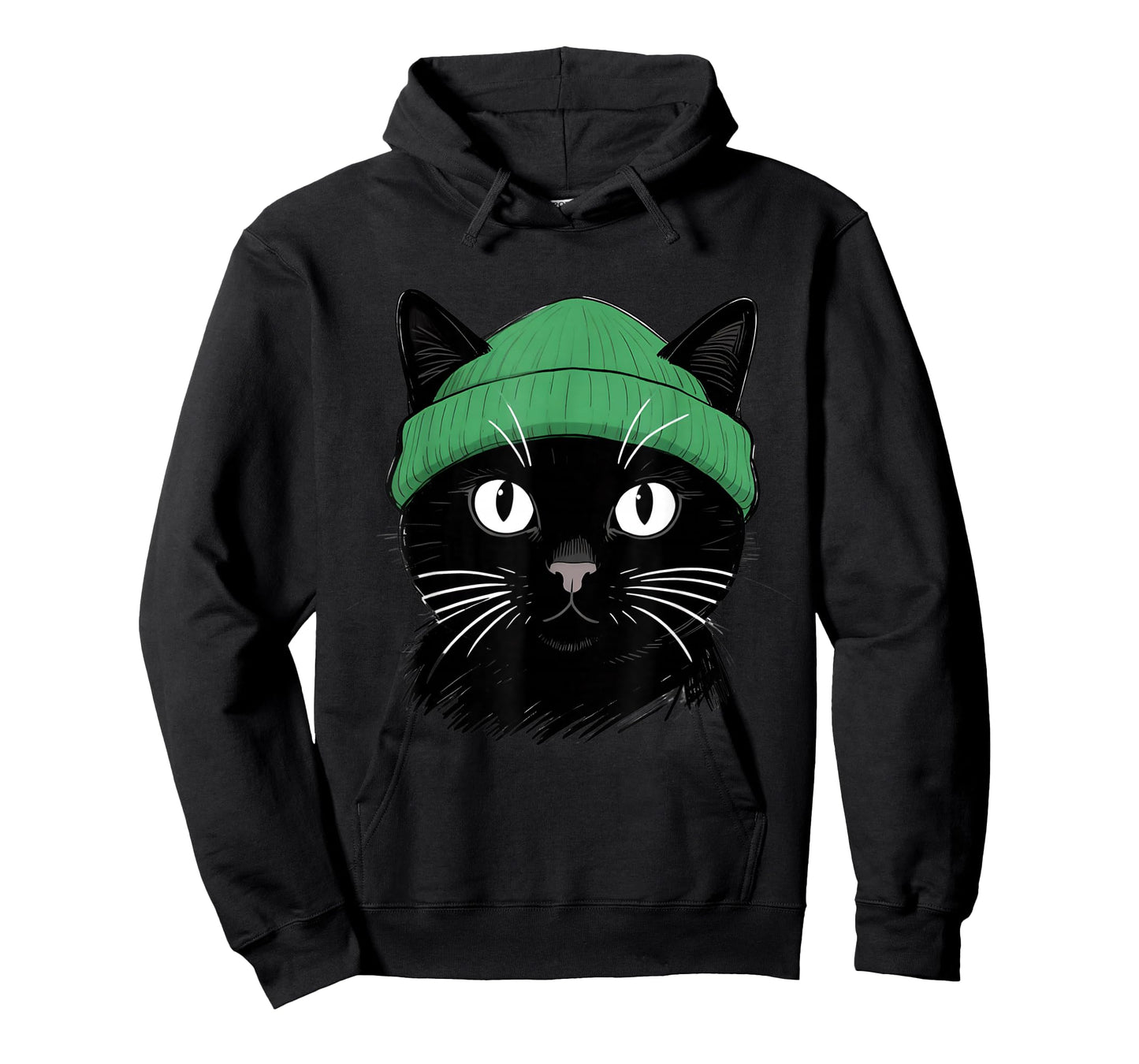 Black Cat with Green Beanie Vintage Design T-Shirt