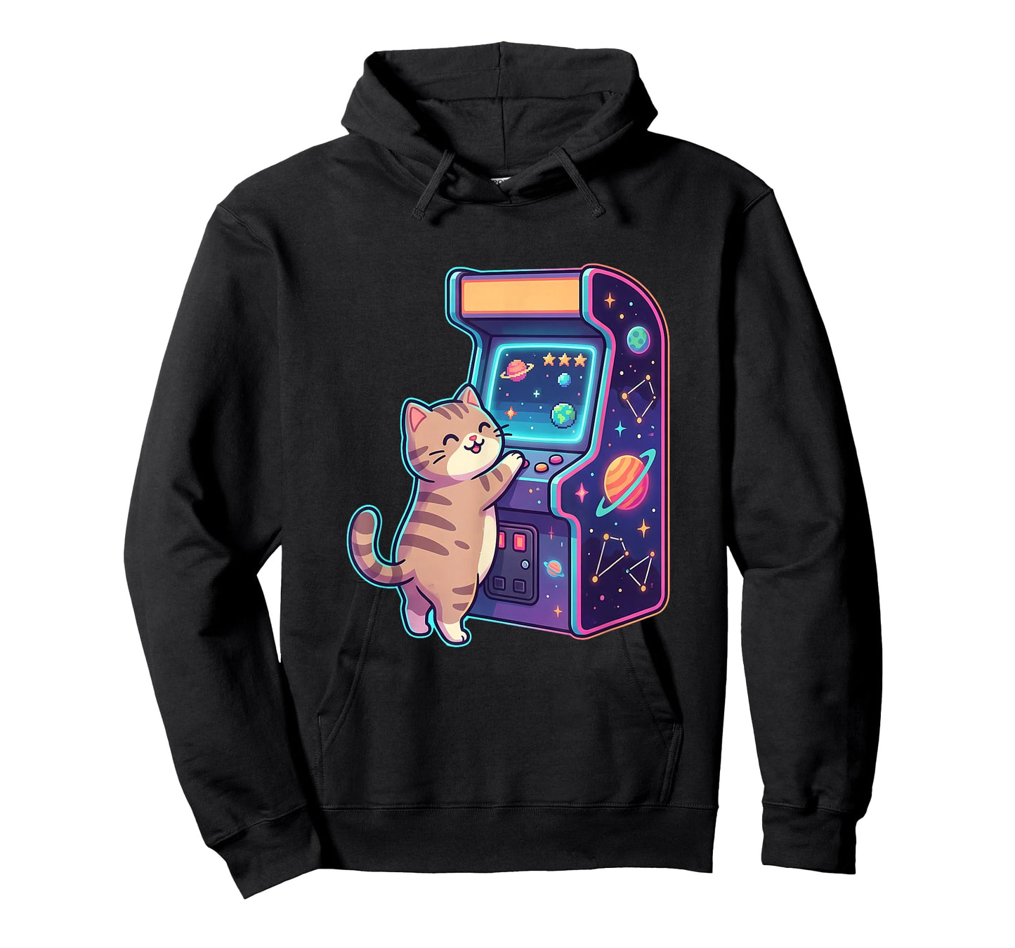 Cute Cat Playing Space Arcade Illustration Funny Cat Gaming T-Shirt