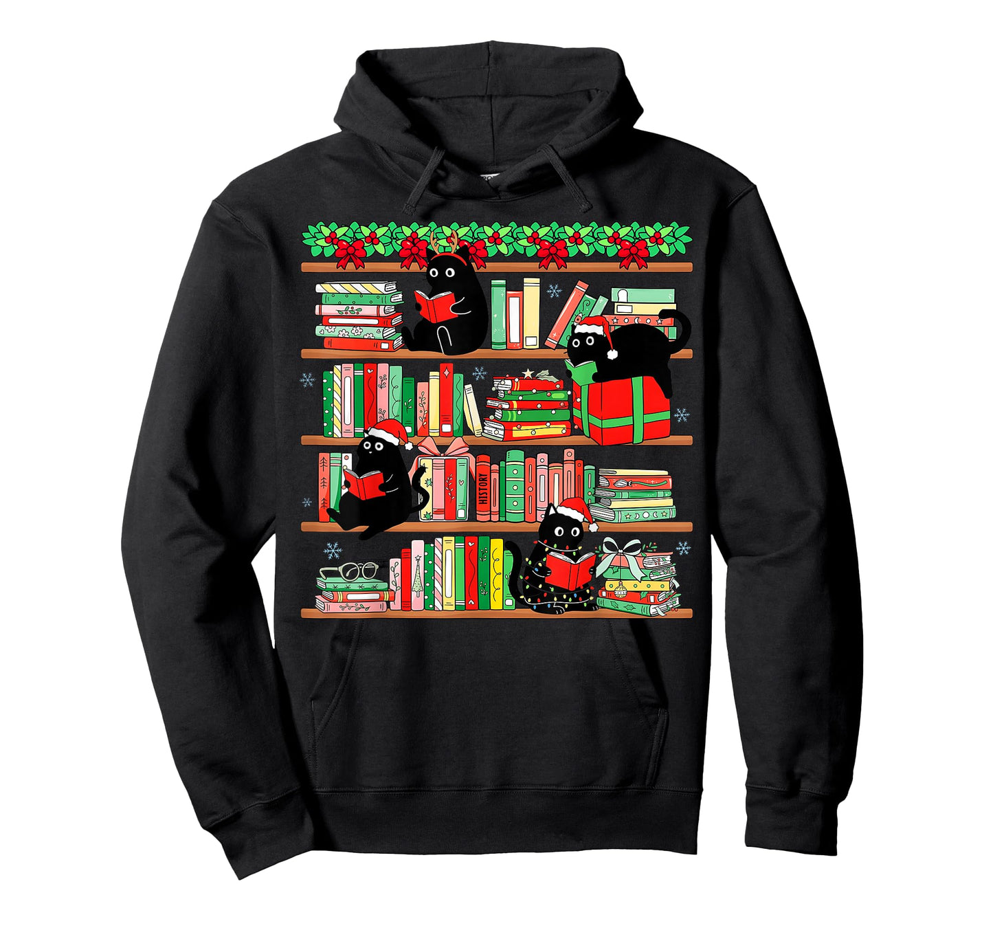Christmas Black Cat Santa Bookshelves Book Lover Reader T-Shirt