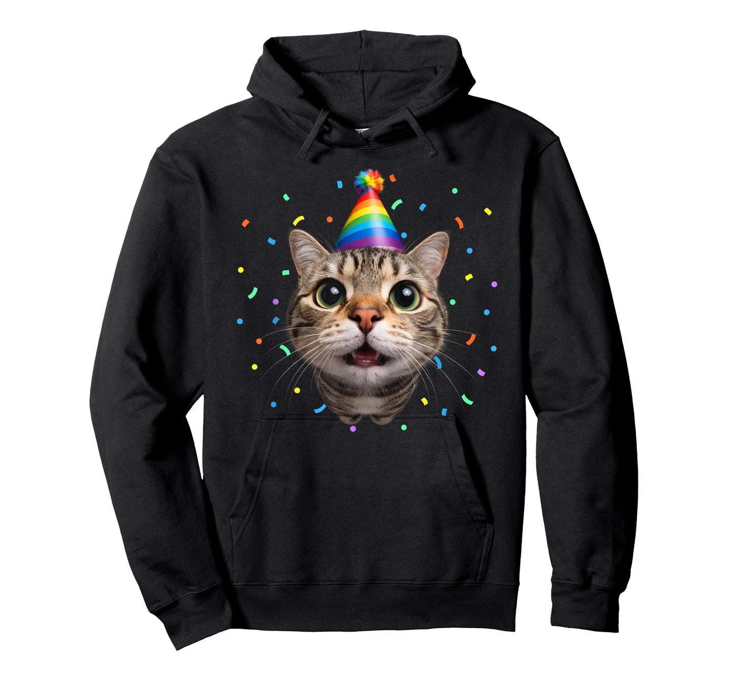 Funny Tabby Cat Face Rainbow Party Hat Cute Birthday Kitty T-Shirt