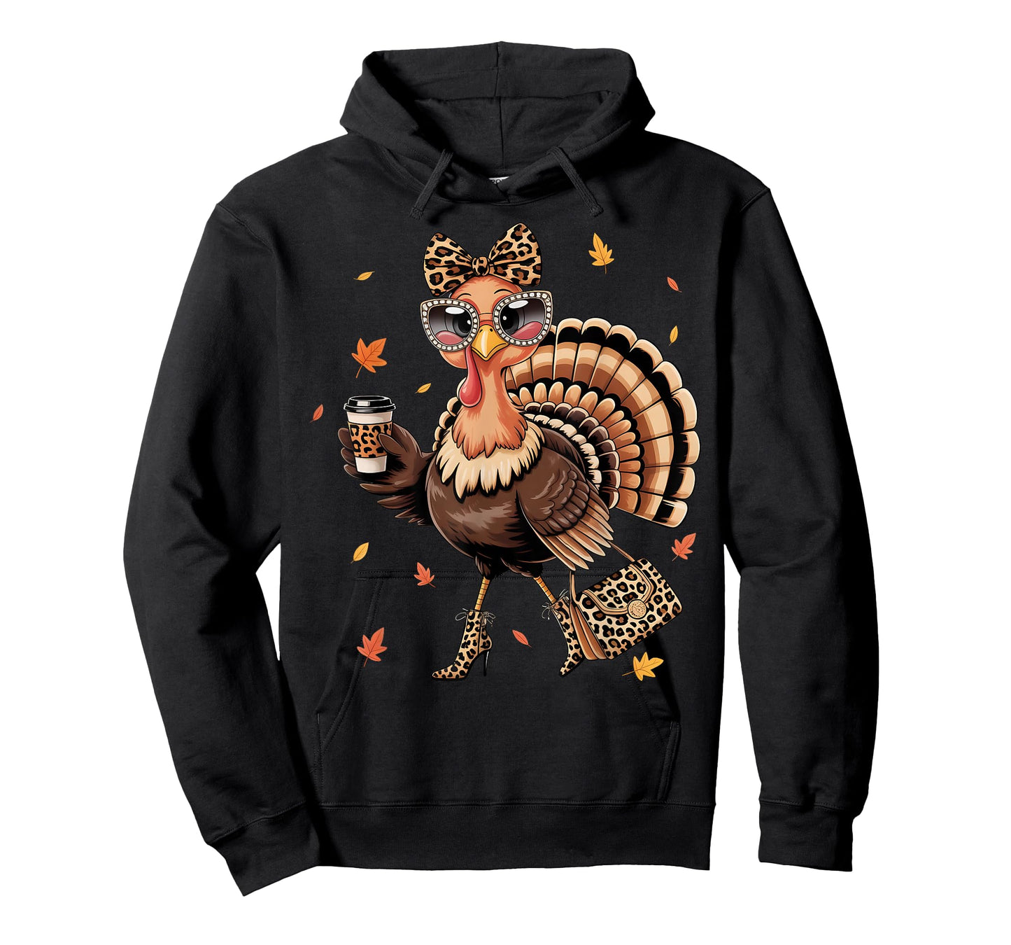 Leopard Turkey Drinking Coffee Thanksgiving Women Turkey Day T-Shirt