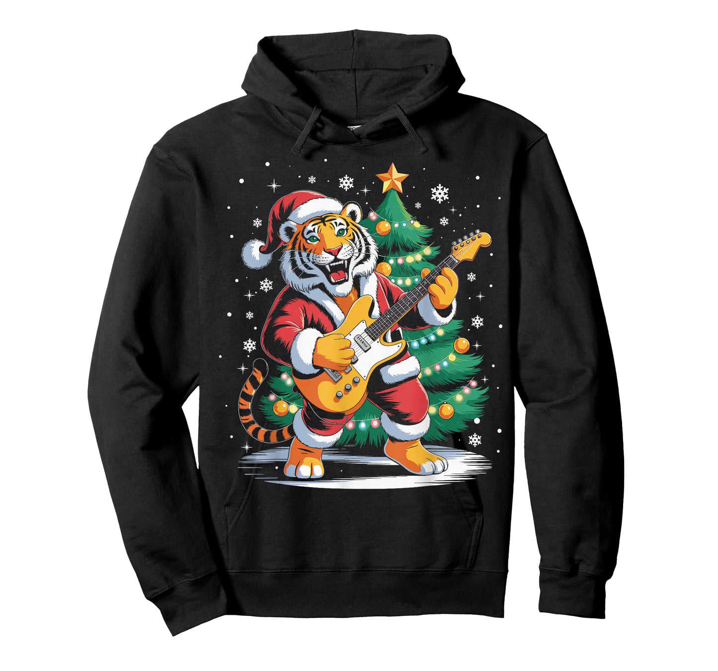 Christmas Tiger Playing Guitar Music Santa Hat Xmas Lights T-Shirt