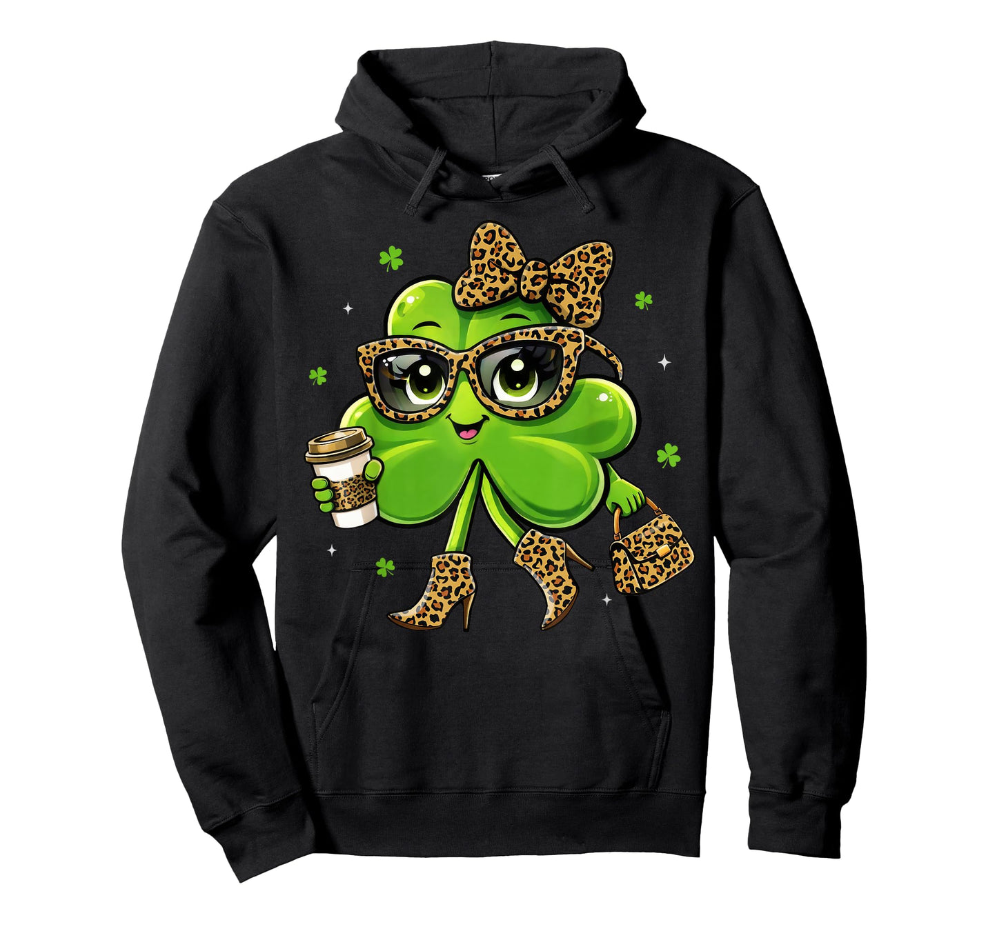 Leopard Shamrock Drinking Coffee St Patricks Day Women Girls T-Shirt