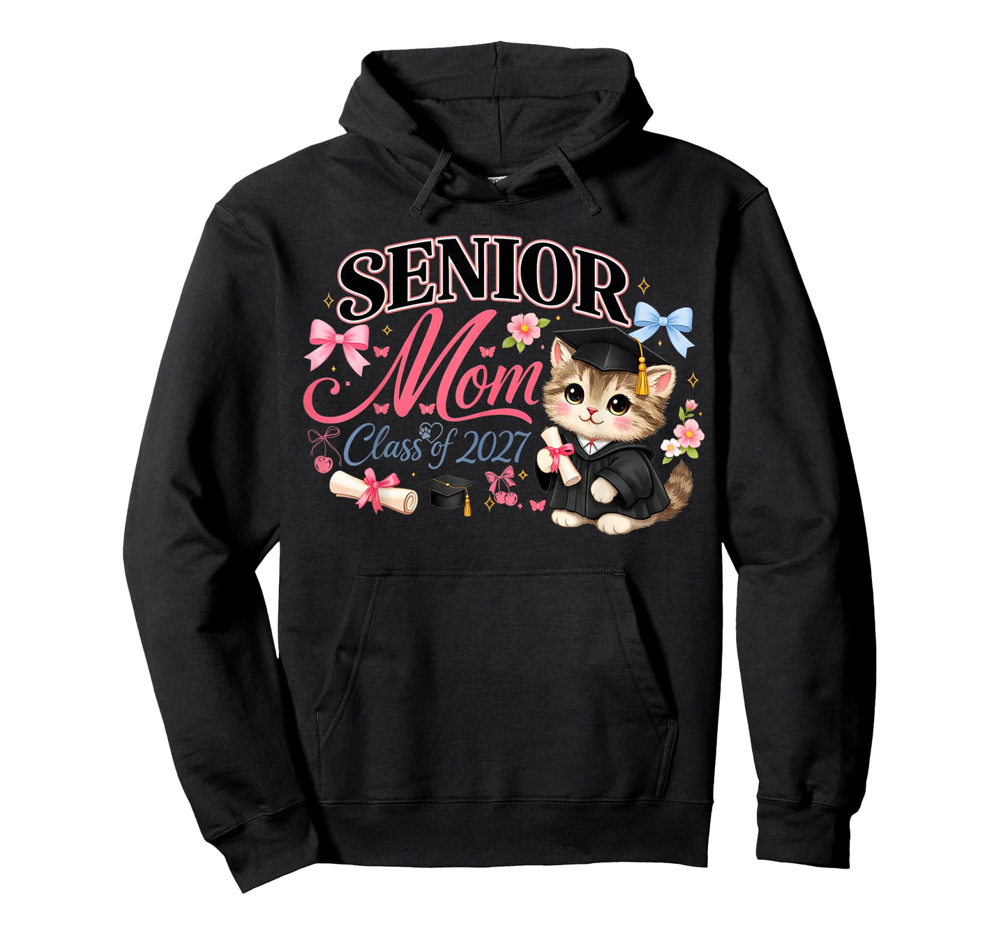 Senior Mom Class of 2027 Cute Cat Graduation Pink Bows Girls T-Shirt