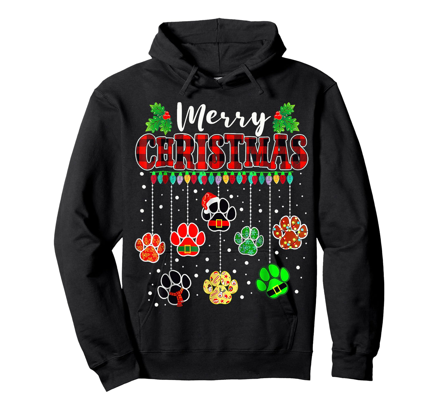 Merry Christmas Lights Dog Paw Red Plaid T-Shirt