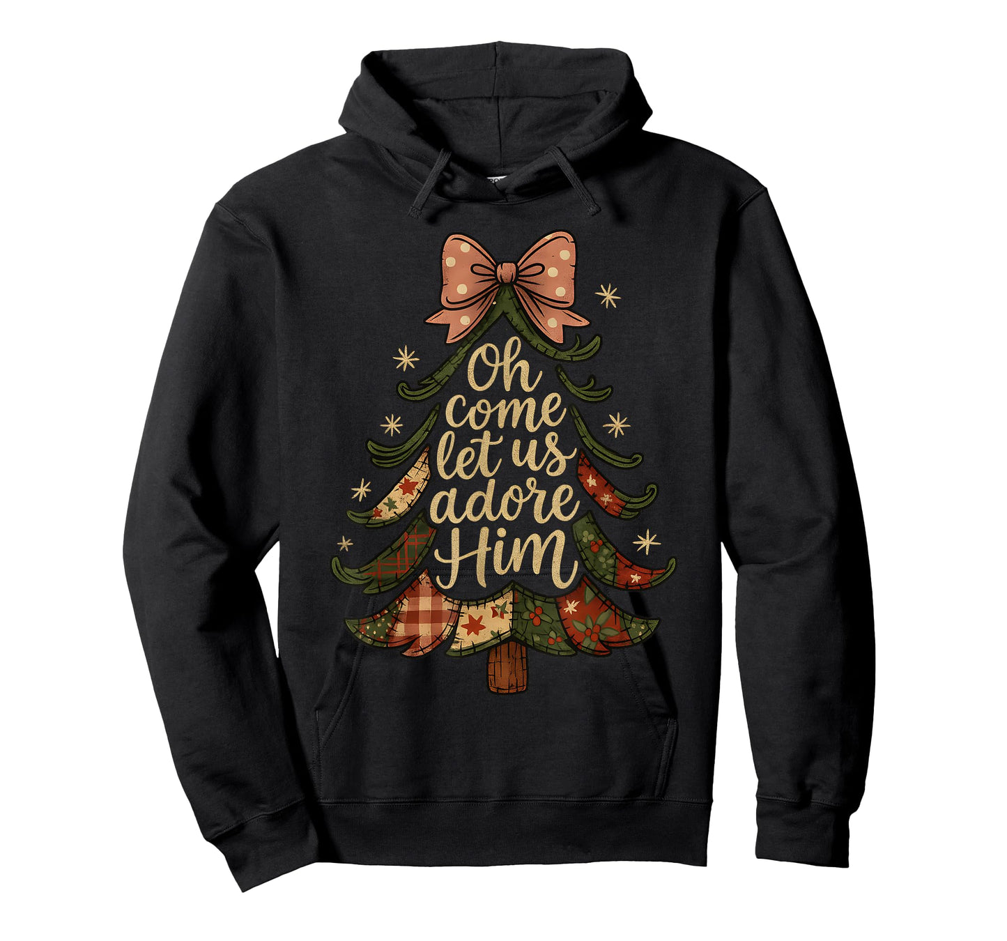 Oh Come Let Us Adore Him Patchwork Christmas Tree Art T-Shirt