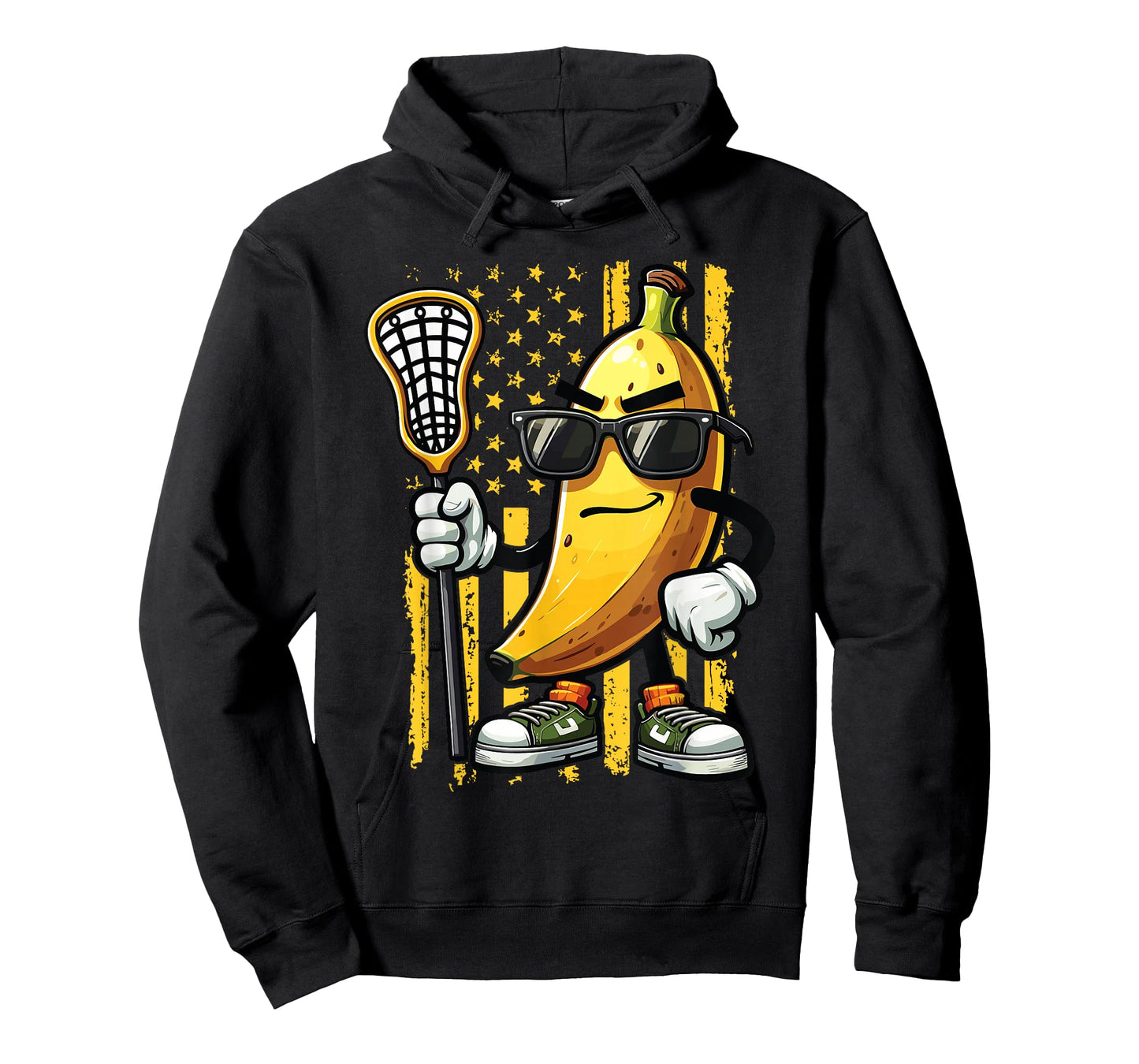 Banana Playing Lacrosse Sunglasses American Flag Funny T-Shirt