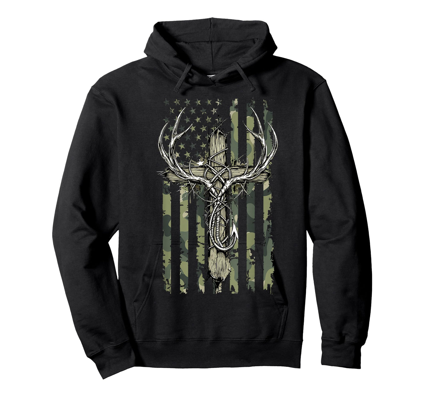 Deer Antlers Fishing Hook Christian Cross Camo Flag Men Boys T-Shirt
