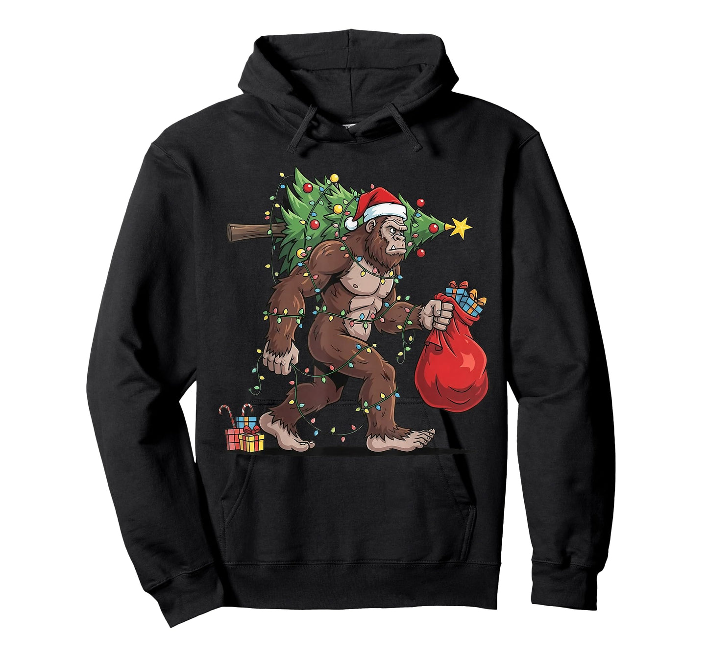 Funny Santa Bigfoot Christmas Tree Lights Xmas Boys Men Kids T-Shirt