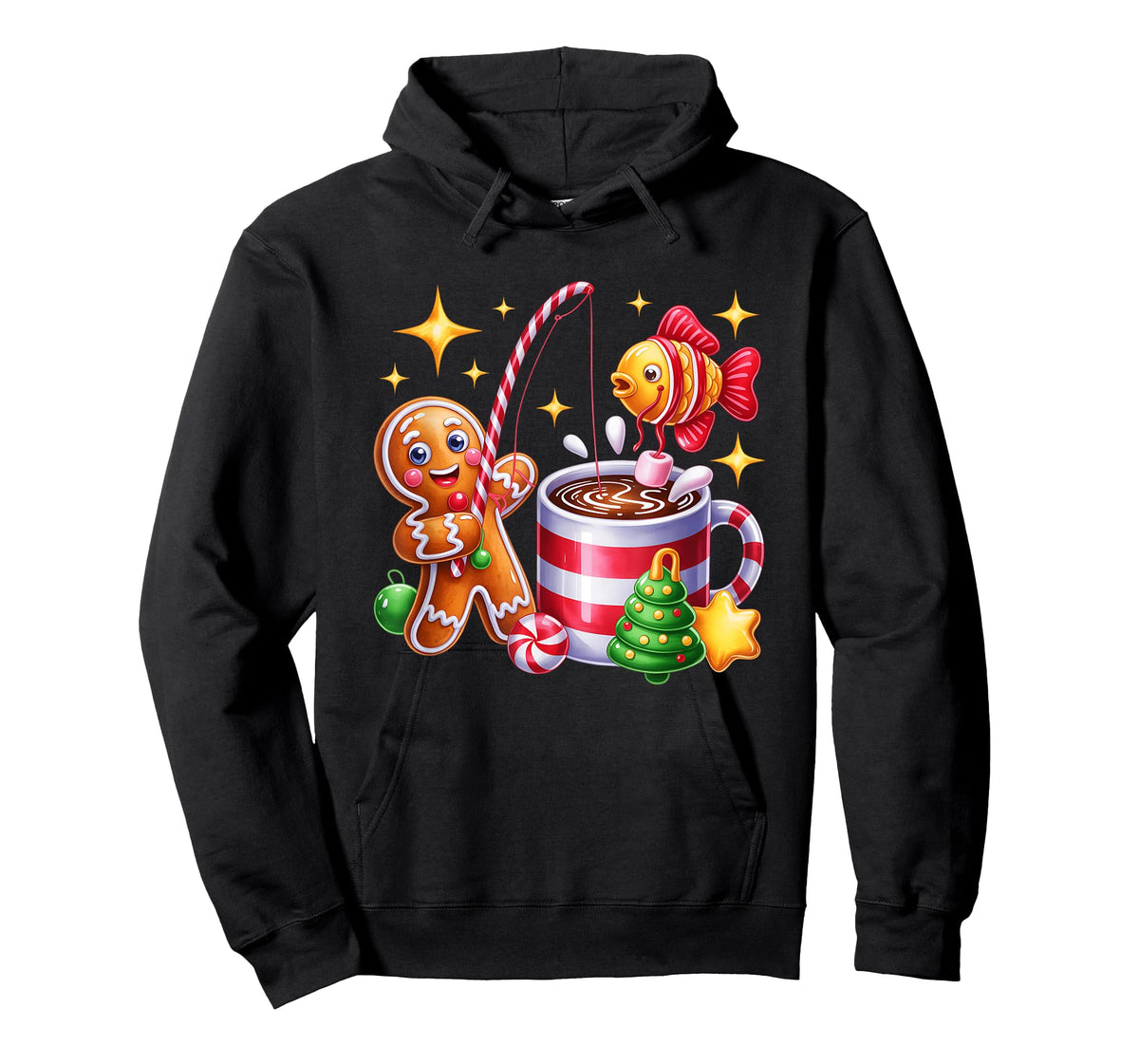 Gingerbread Fishing Candy Cane Cocoa Festive Fun T-Shirt